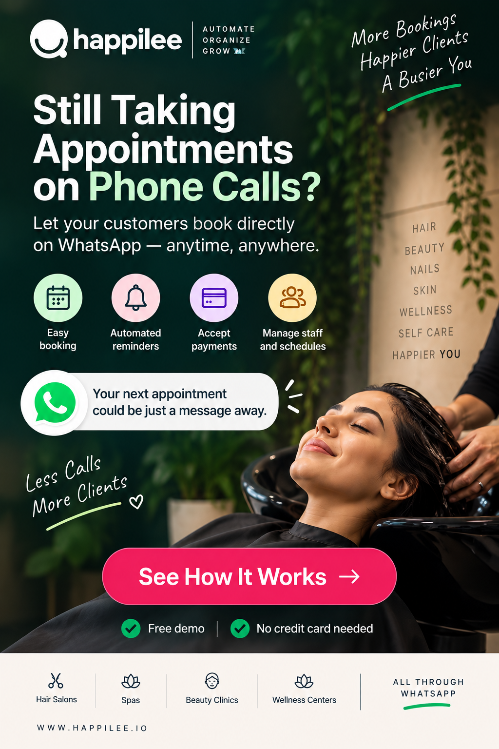 Happilee Facebook ad: Book More Appointments on WhatsApp