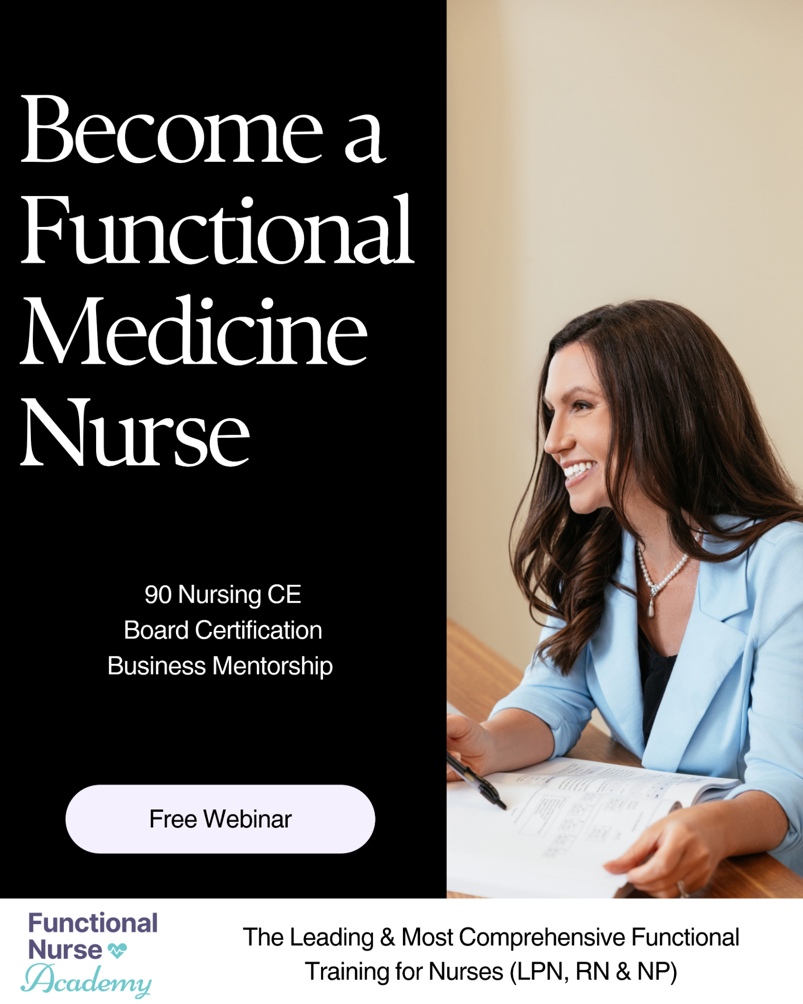 Functional Nurse Academy Facebook ad: Board Certification and Nursing CEs: Free Live Webinar…