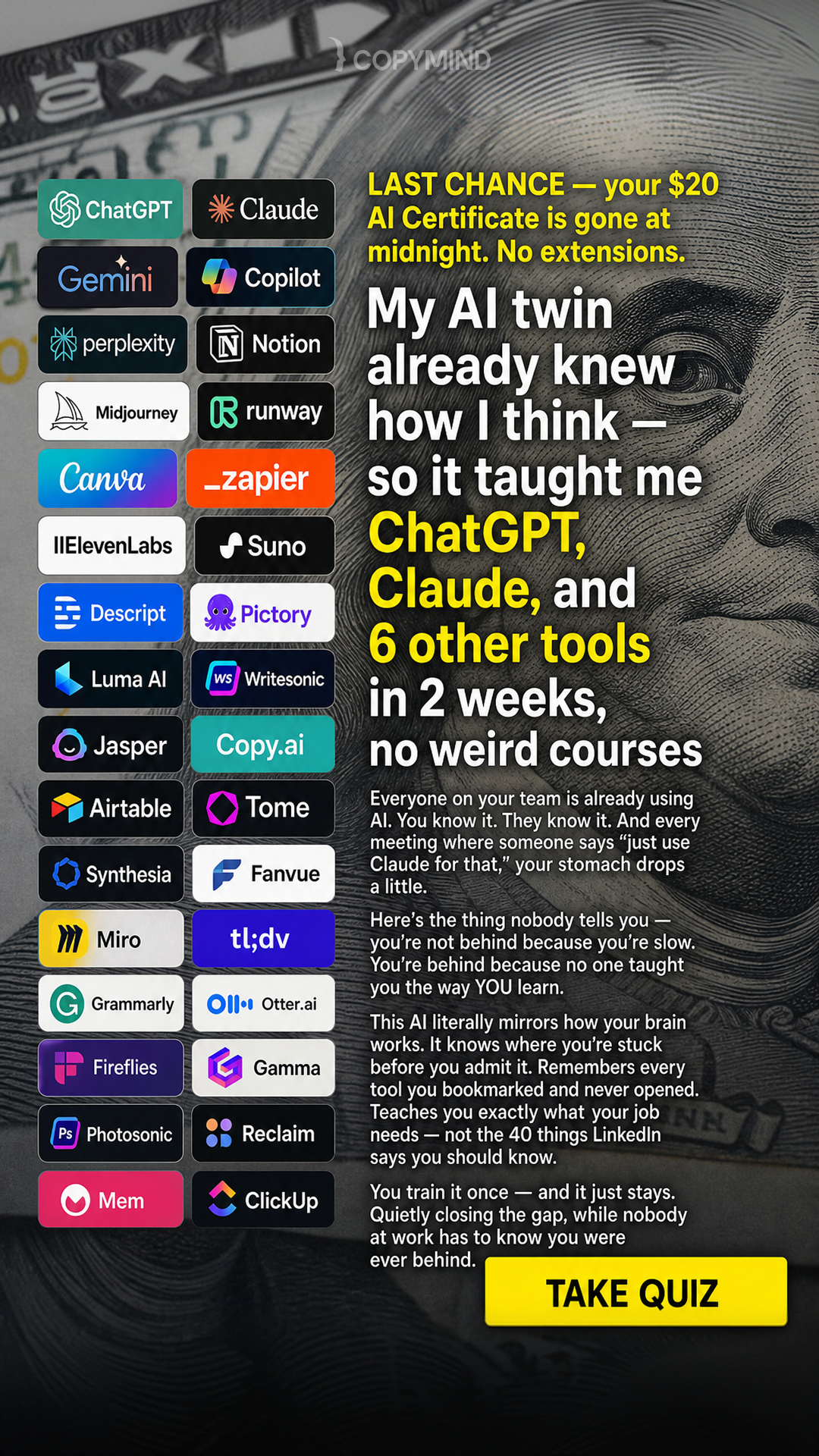 Copymind's money&career coach Facebook ad: Join thousands who've transformed their careers, their…