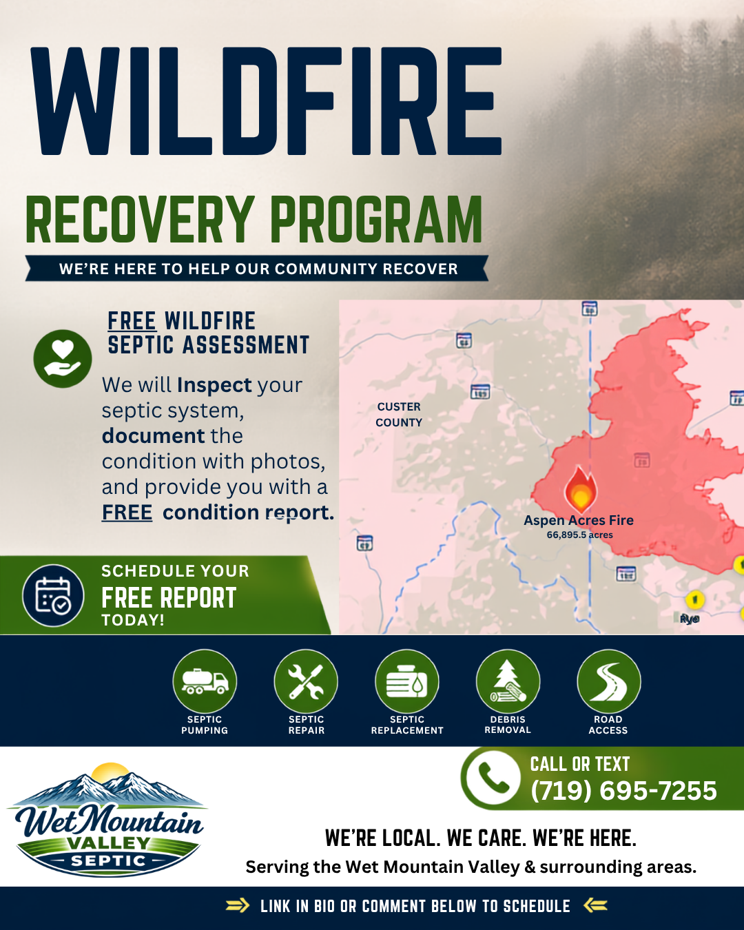 Wet Mountain Valley Septic Facebook ad: Schedule a Free Wildfire Septic Assessment