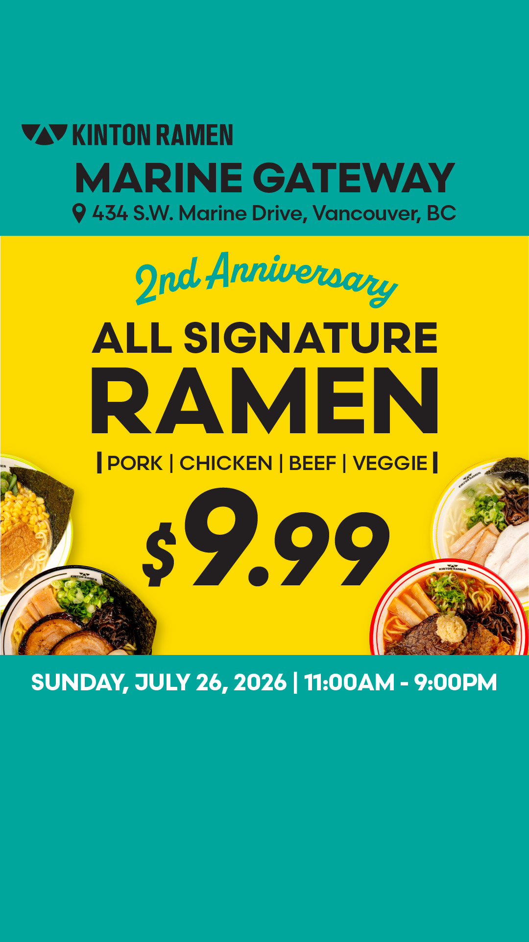KINTON RAMEN Facebook ad: Join Us Sun. July 26th from 11AM-9PM