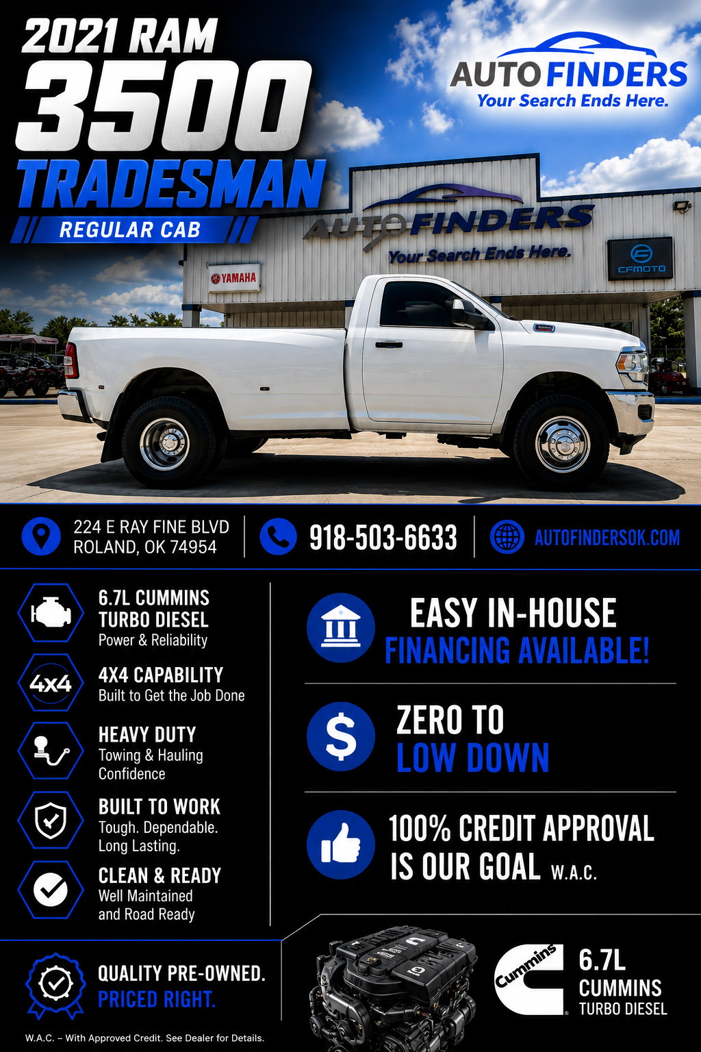 Auto Finders Facebook ad: 2021 Ram 3500 Tradesman | Heavy-Duty Towing Workhorse