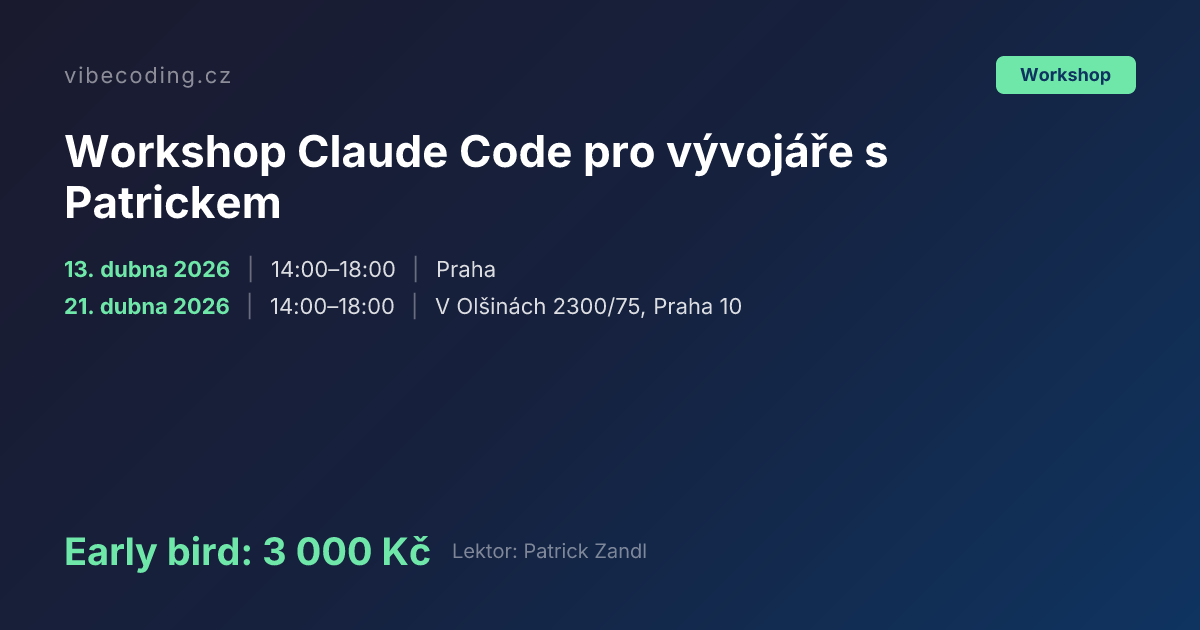 Vibecoding.cz Facebook ad: Workshop Claude Code pro vývojáře s Patrickem |…