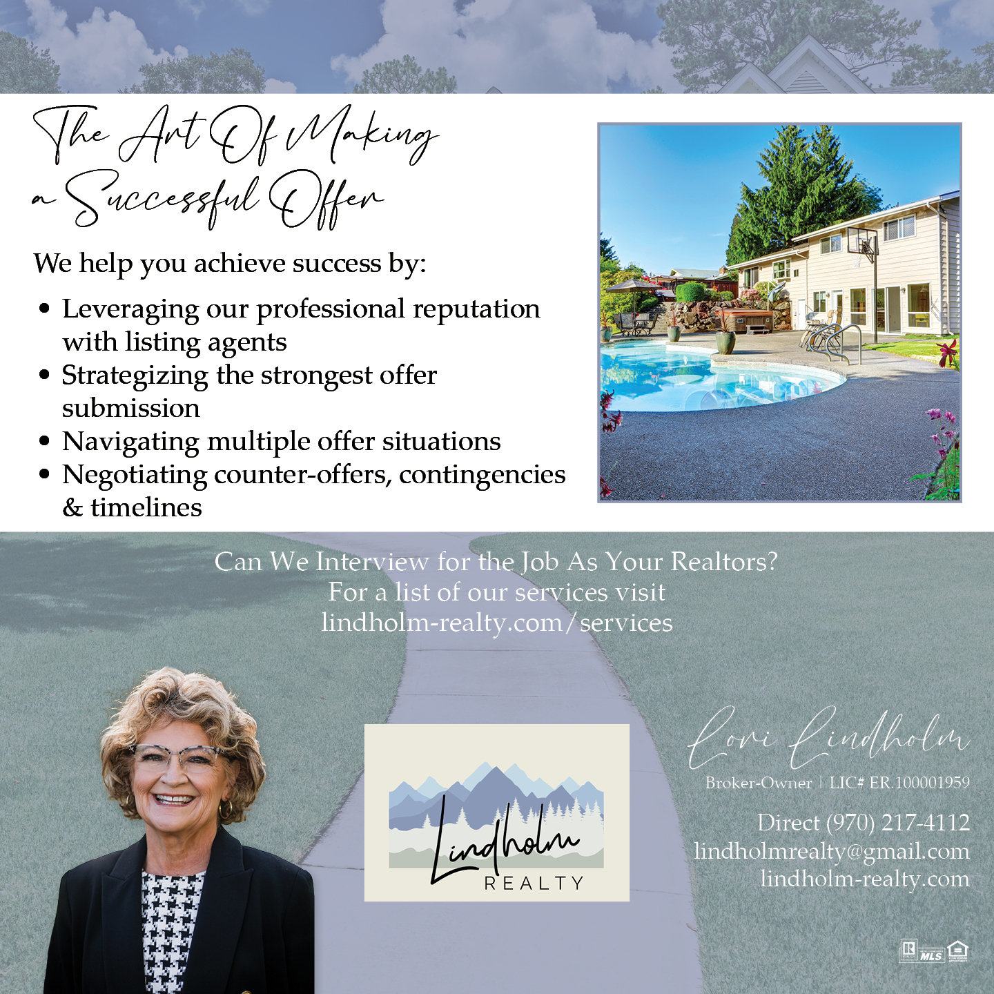 Lori Lindholm, Lindholm Realty, Inc. Facebook ad: Message or Call (970) 217-4112