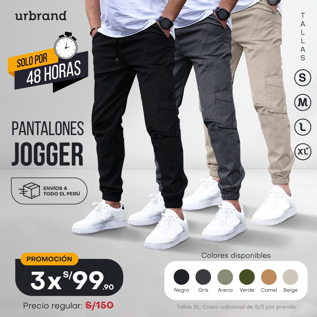 Urbrand Facebook ad: 3 pantalones jogger x S/ 99.90