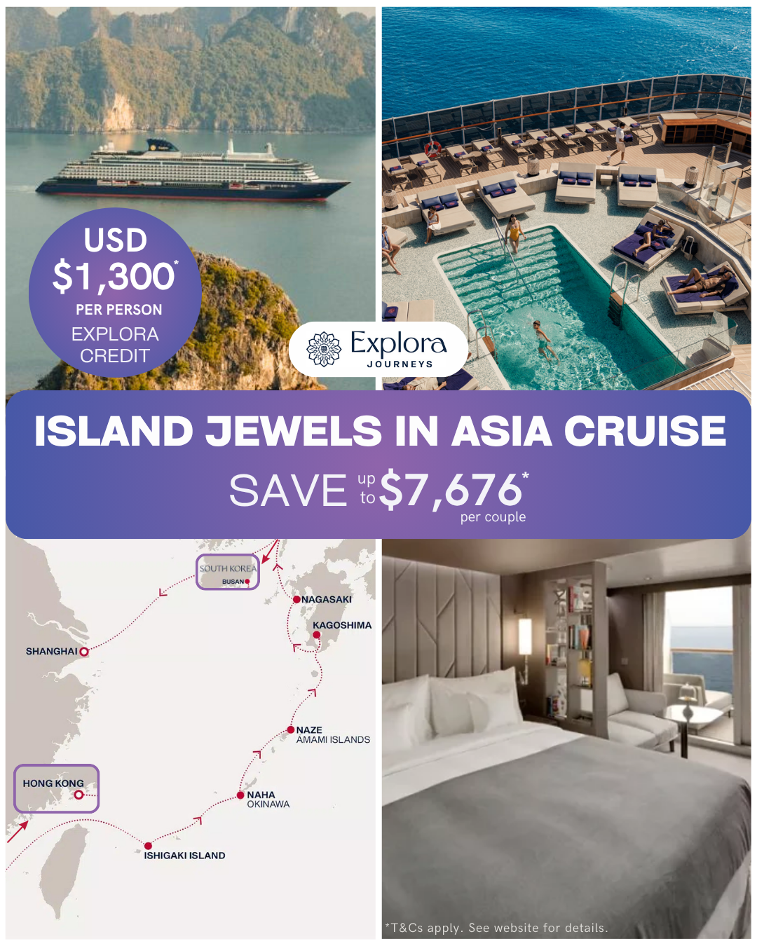 Flat Beds Tour + Cruise Facebook ad: Save Up to $7,676* Plus USD$1,300 Explora Credit*