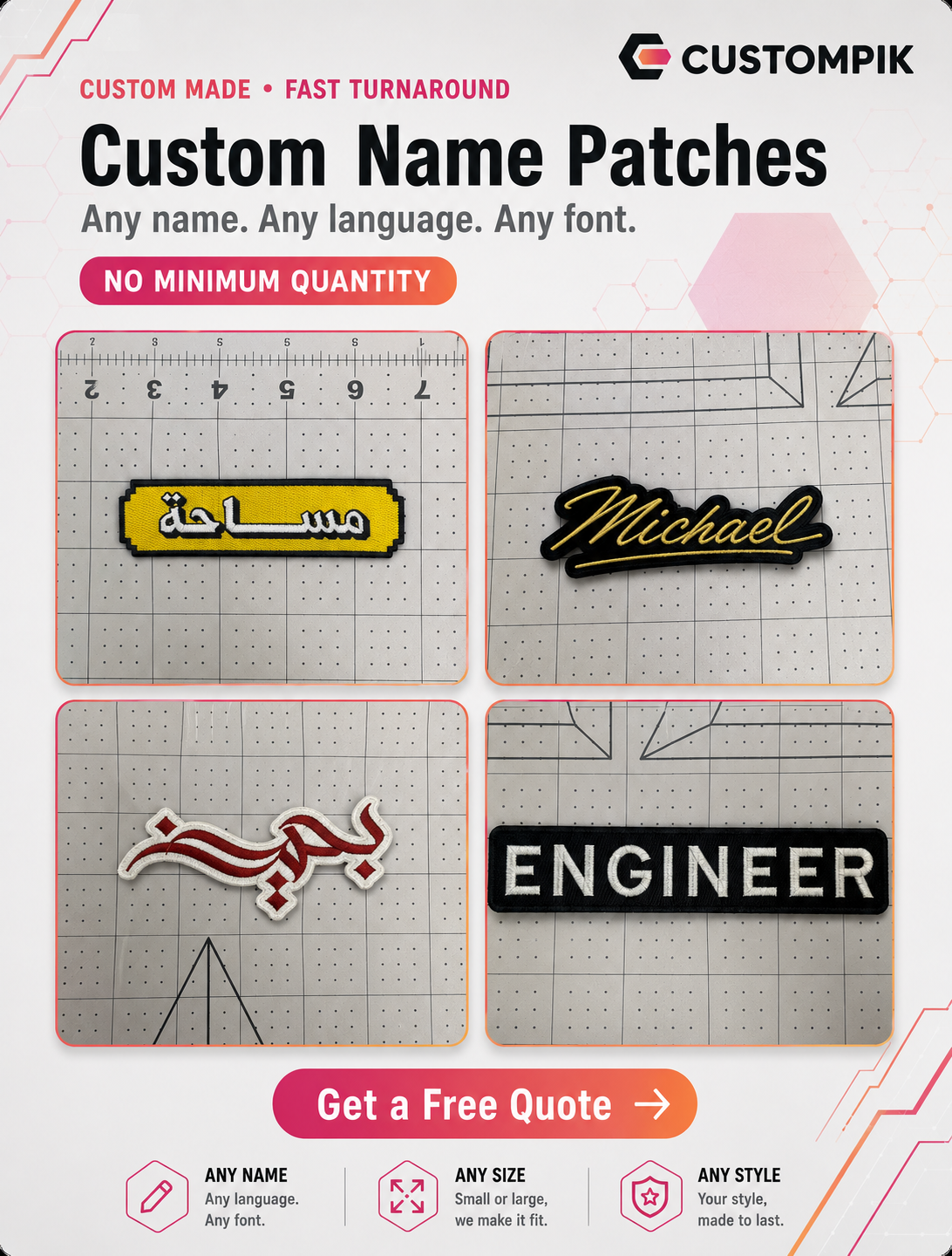 Custompik Facebook ad: Custom Patches, No MOQ