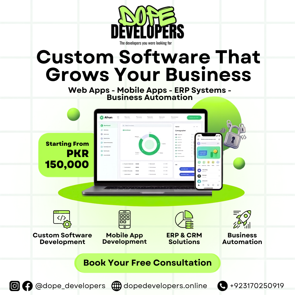 Dope Developers Facebook ad: Custom ERP & CRM Built for Your Business