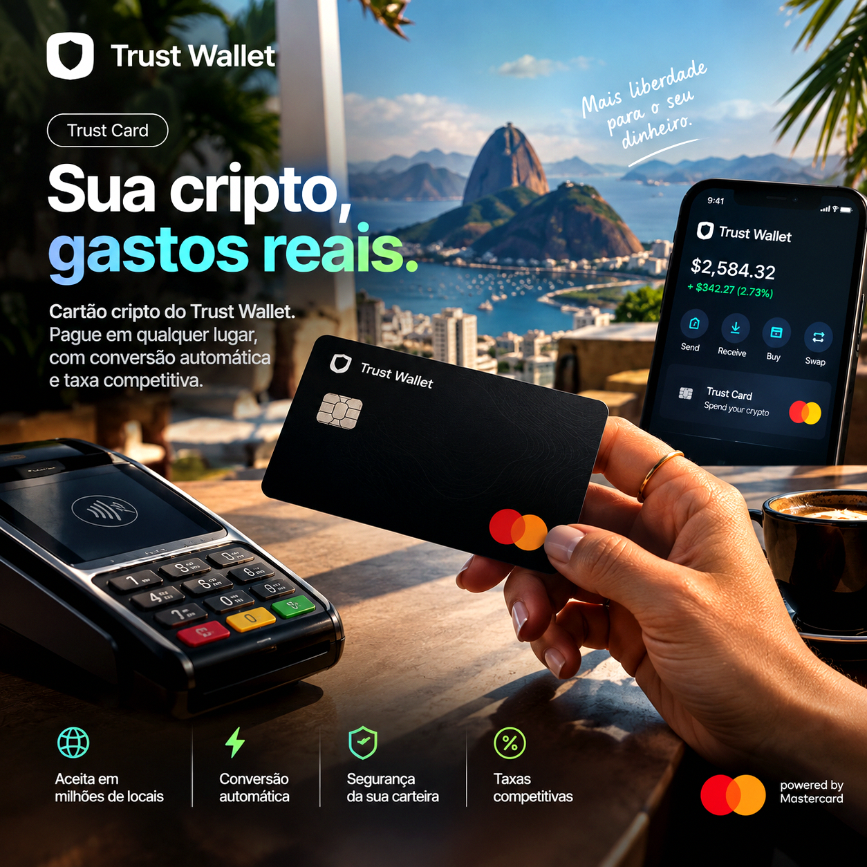 Penguii's Are Flightless Facebook ad: Sua cripto. Seu cartão. Sua liberdade.