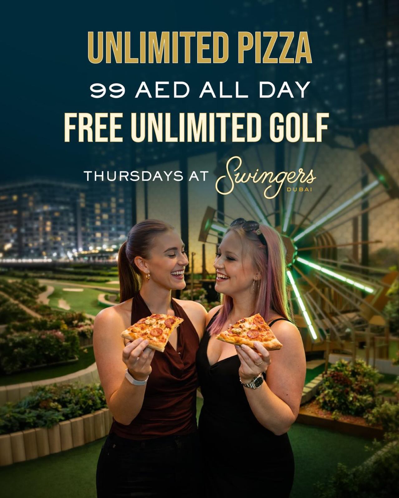 Swingers Dubai Facebook ad: Unlimited Pizza+Free Golf AED 99