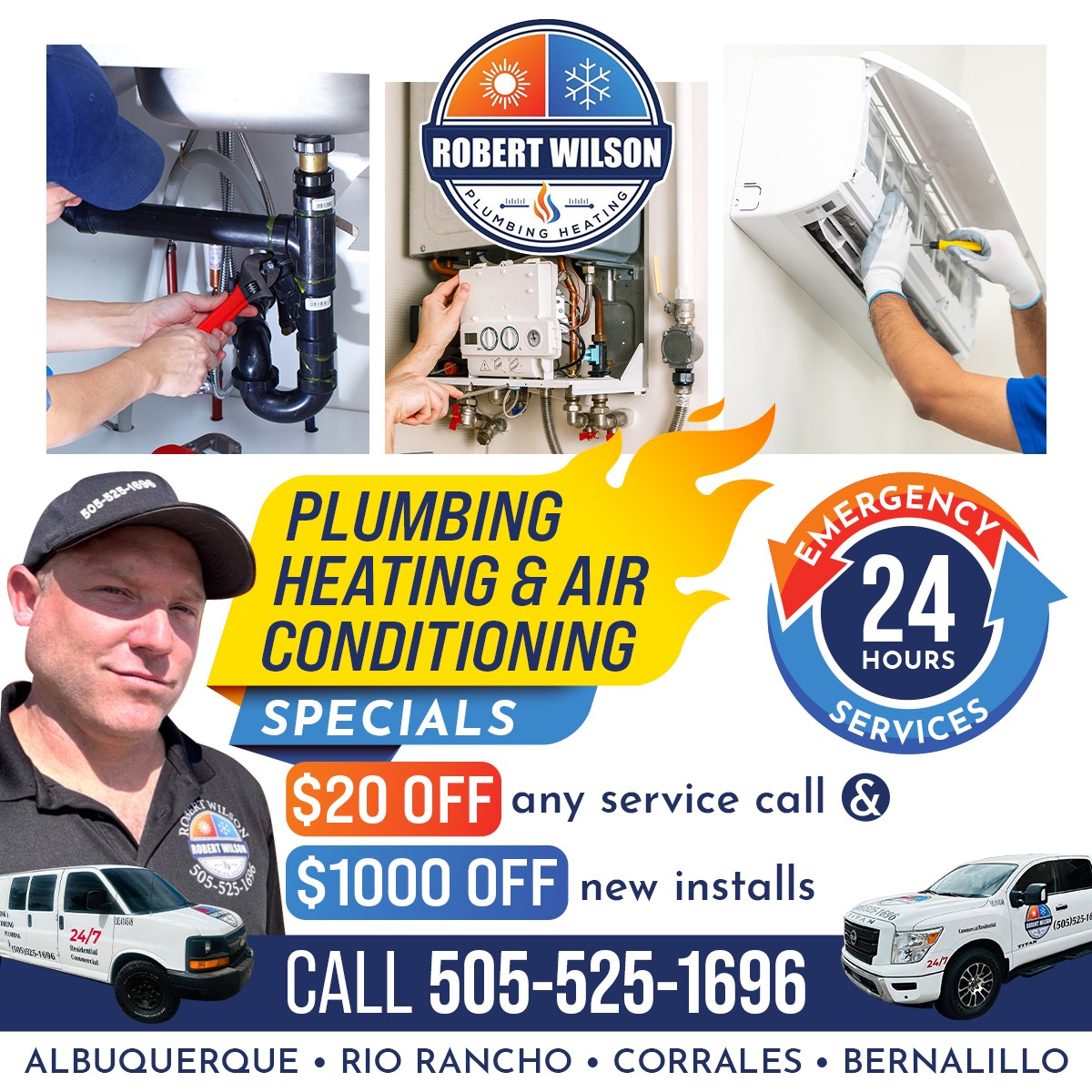 Robert Wilson Plumbing Heating & Air Conditioning LLC Facebook ad: Big Savings on Installs & Repairs Today