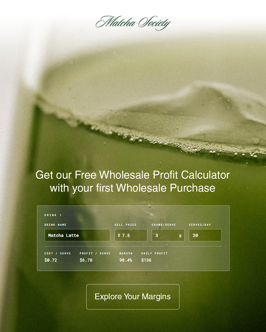Matcha Society Facebook ad: Free Wholesale Profit Calculator