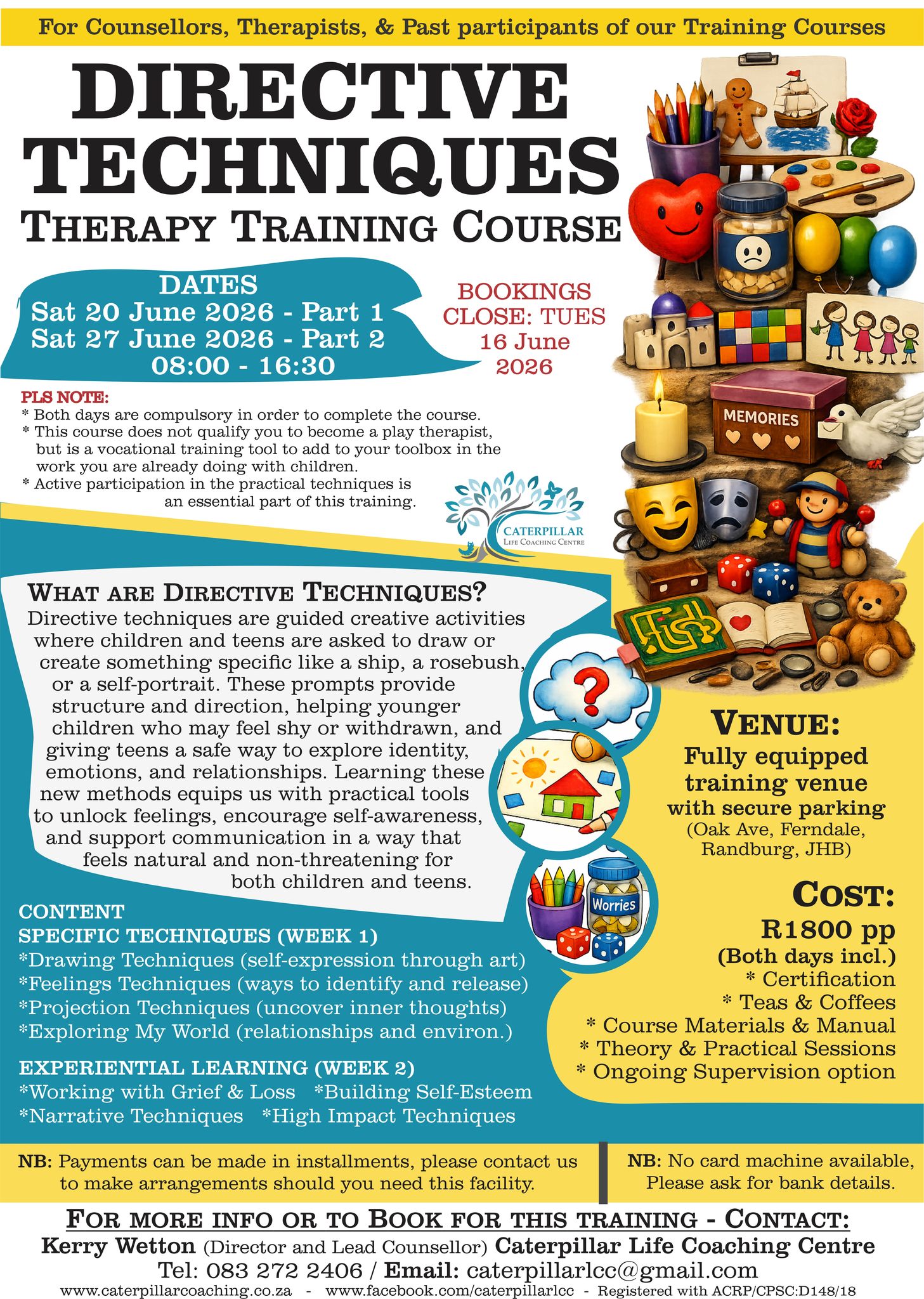 Caterpillar Life Coaching Centre Facebook ad: DIRECTIVE TECHNIQUES THERAPY TRAINING COURSE