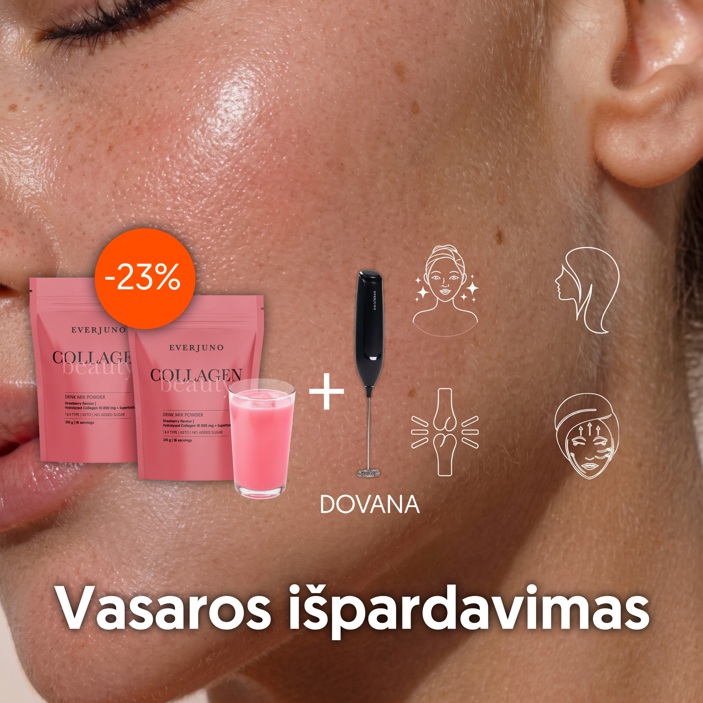 Everjuno.lt Facebook ad: Everjuno kolagenas su skaiduliniu mišiniu + DOVANA