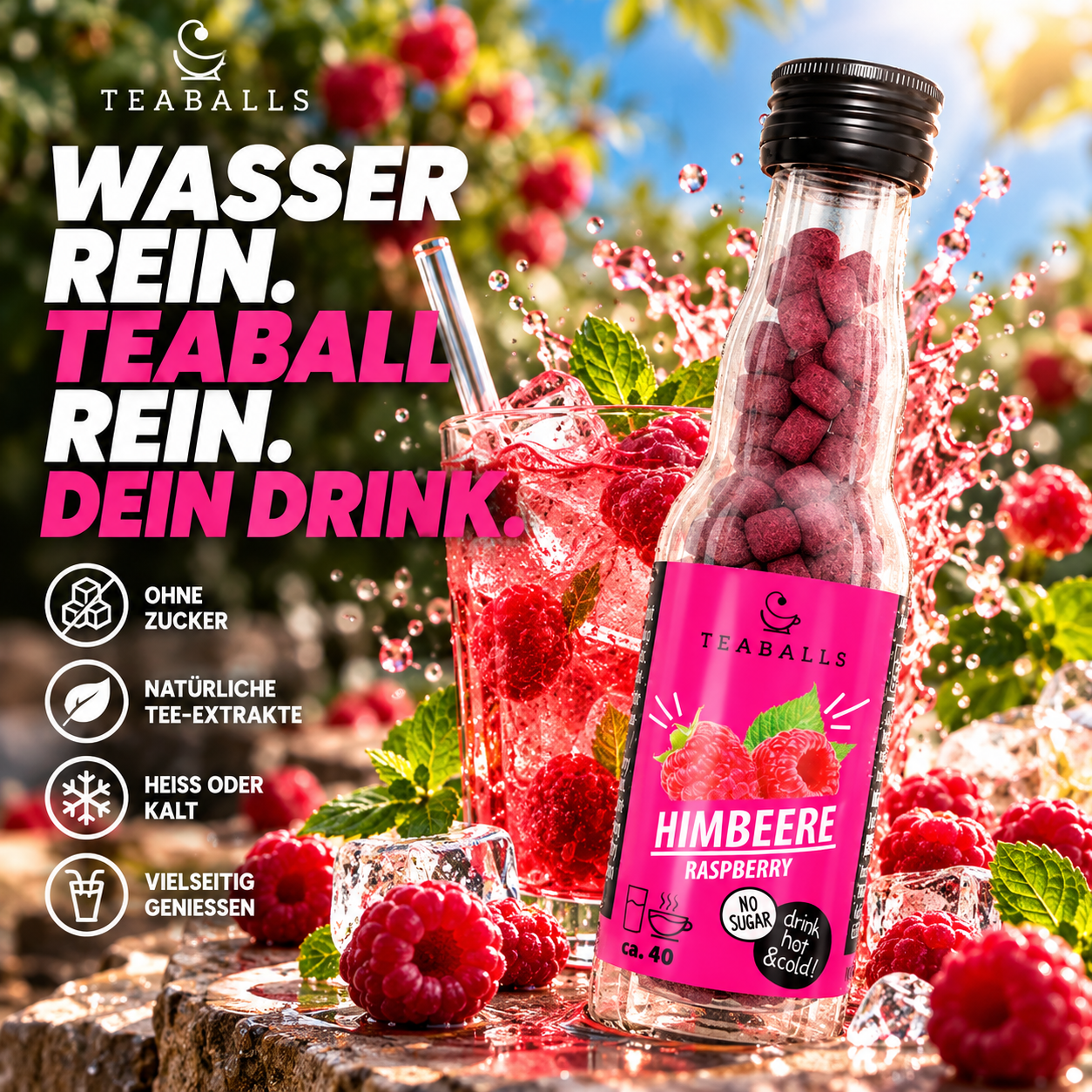 Teaballs.ch Facebook ad: Natürliches Flavoured Water mit TEABALLS