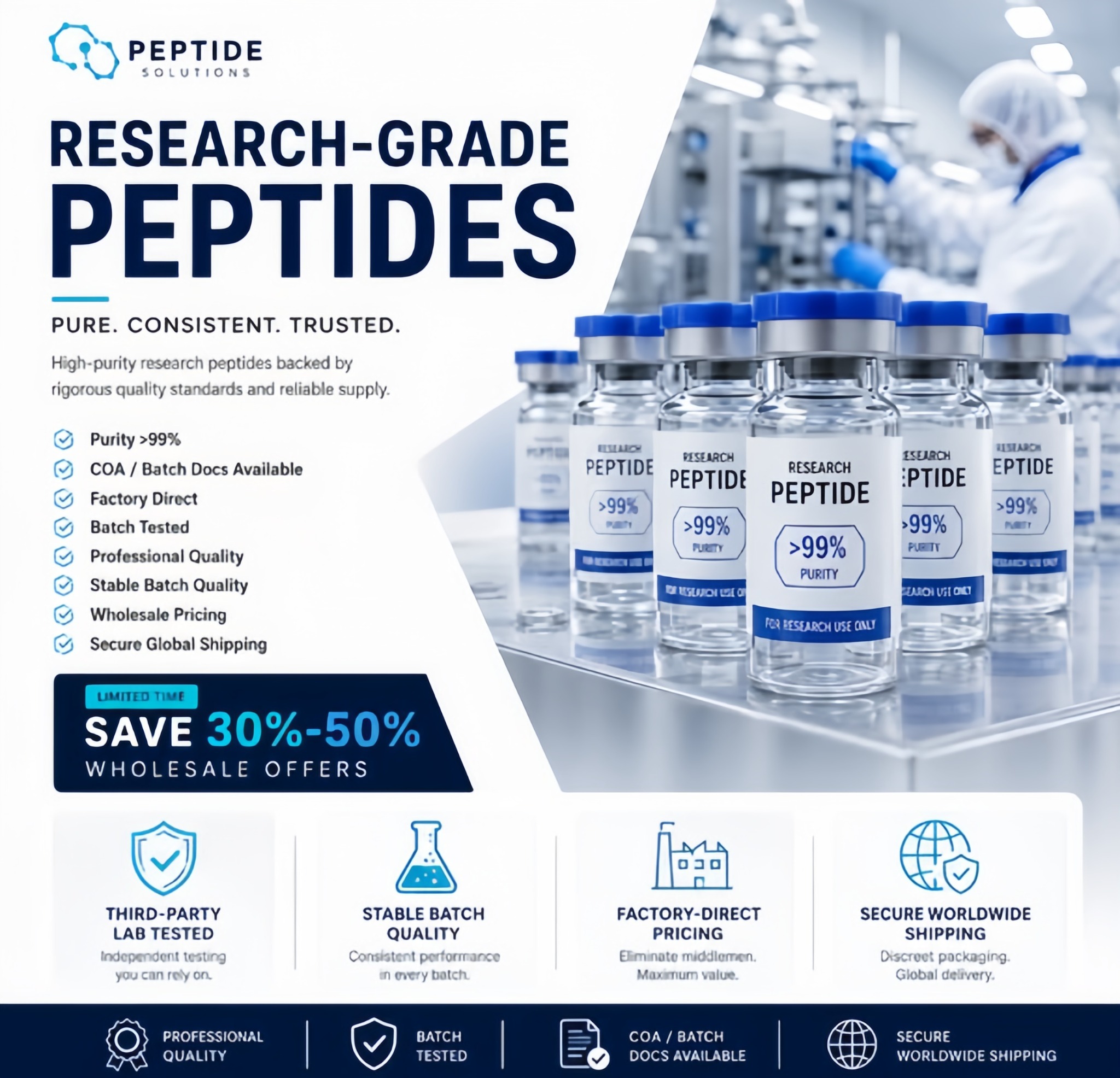 Peptide Lab Facebook ad: Premium ≥99% Purity Peptides, Sourced Directly from Our…
