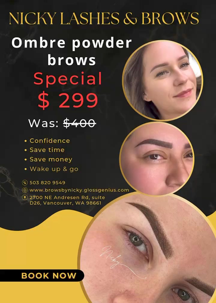 Nicky Lashes & Brows Facebook ad: Hi Vancouver! Tired of filling in your brows…
