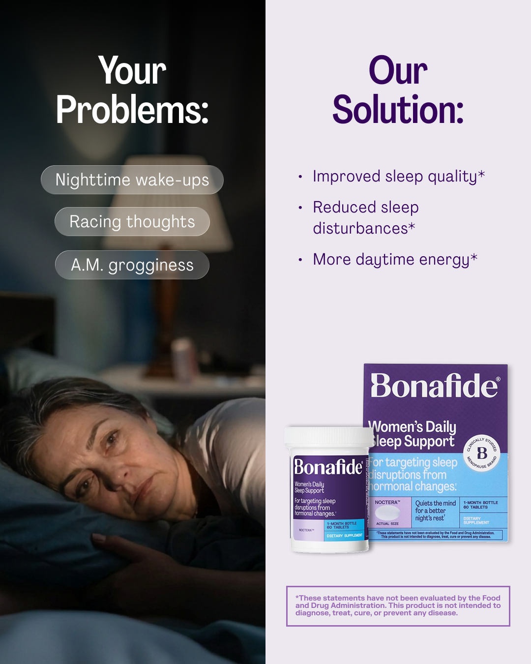 Bonafide Facebook ad: Restore your night. Restore your rest.