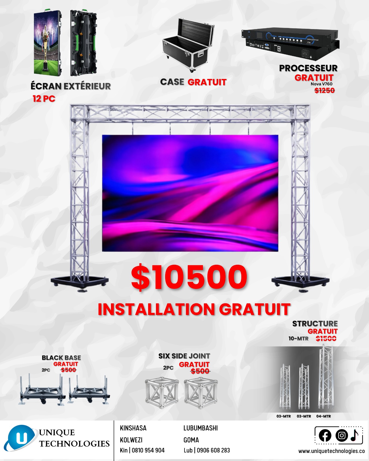 Unique Technologies Lubumbashi Facebook ad: MEGA PROMO ÉCRAN LED EXTÉRIEUR
