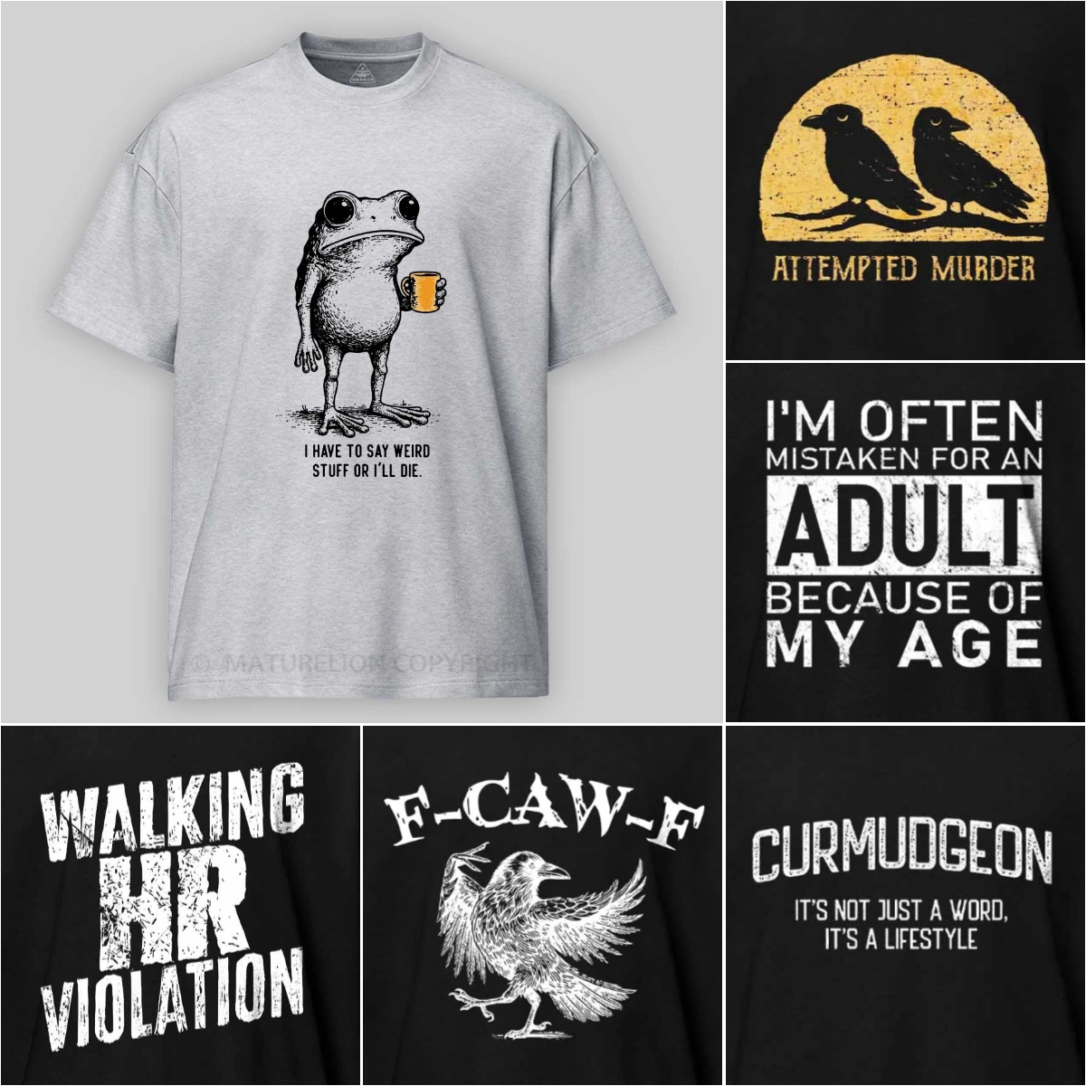 Maturelion Funny Clothing Facebook ad: Every shirt = a punchline.