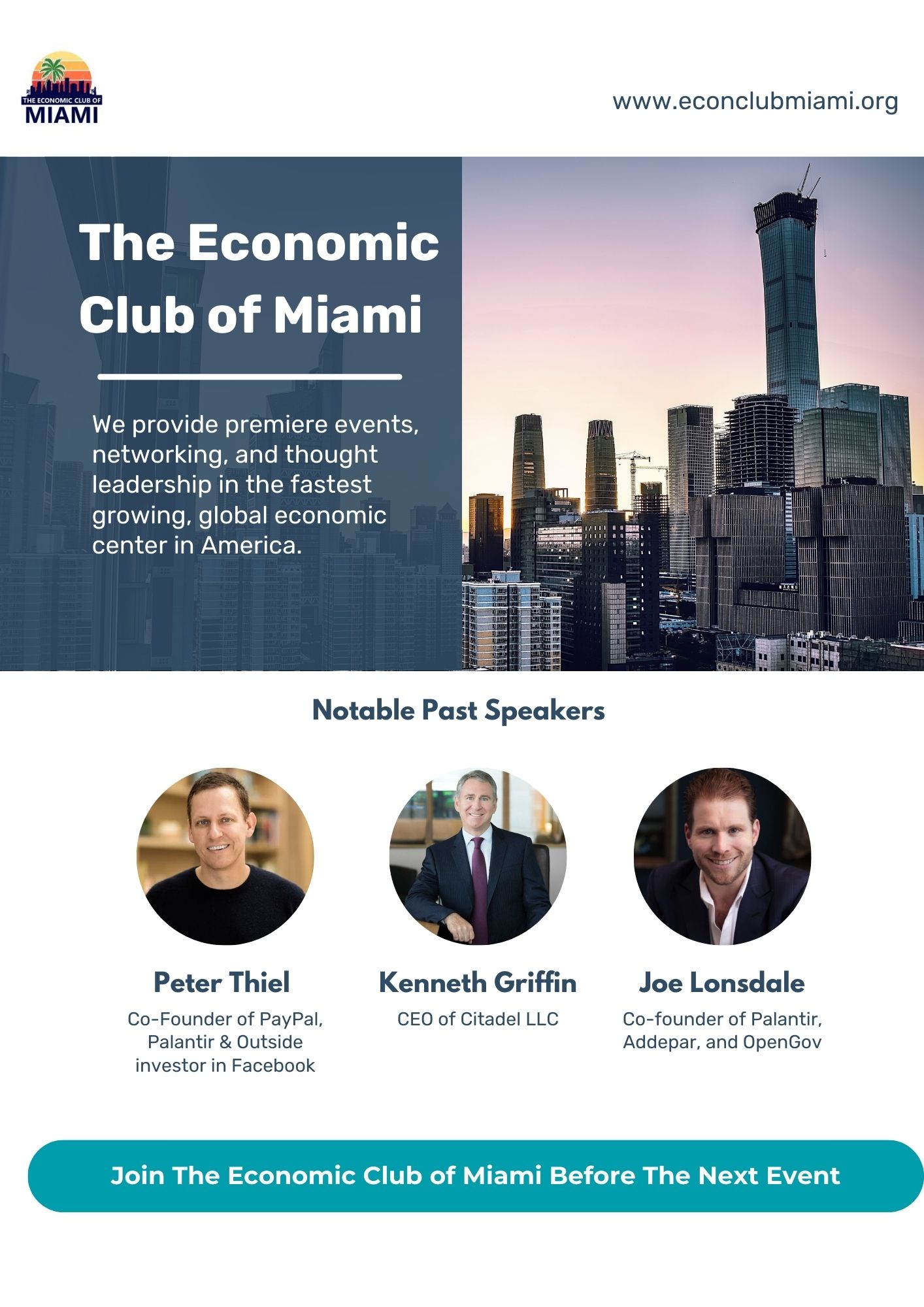 The Economic Club of Miami Facebook ad: Join Miami’s Premier Business Network, Exclusive Access…