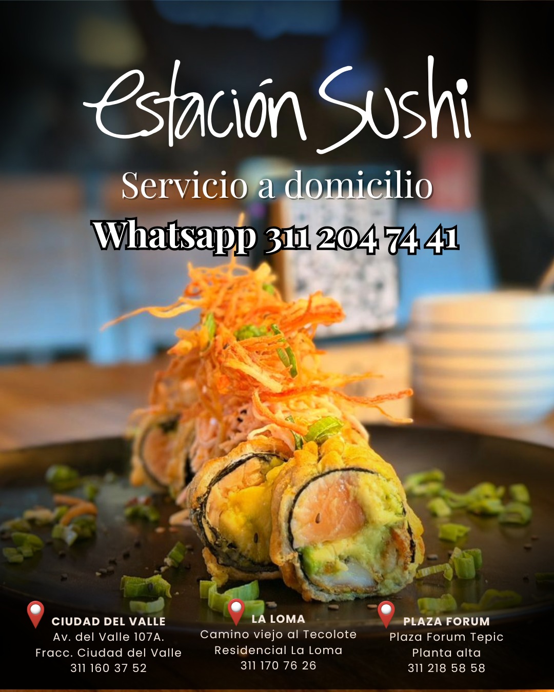 Estación Sushi Tepic Facebook ad: DOMICILIO activo en Estación Sushi.