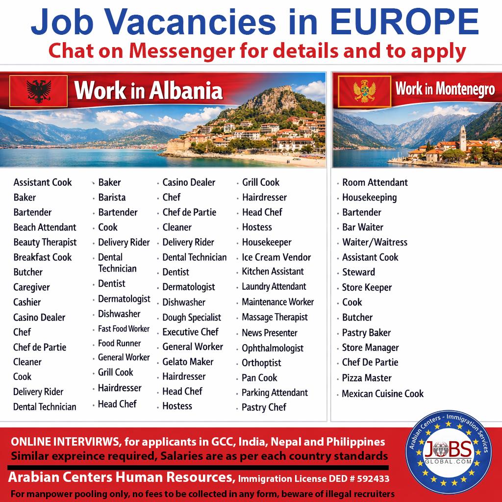 JobsGlobal.com and ACHR Global Immigration & Employment Services Facebook ad: WORK IN ALBANIA & MONTENEGRO!