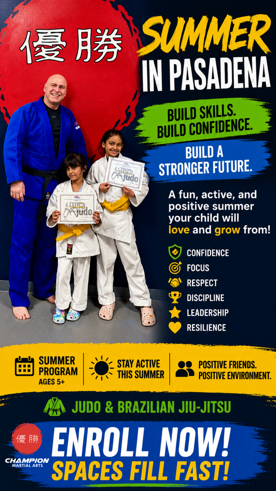 Champion Martial Arts Facebook ad: Kids Jiu-Jitsu & Judo Classes for Ages 5+