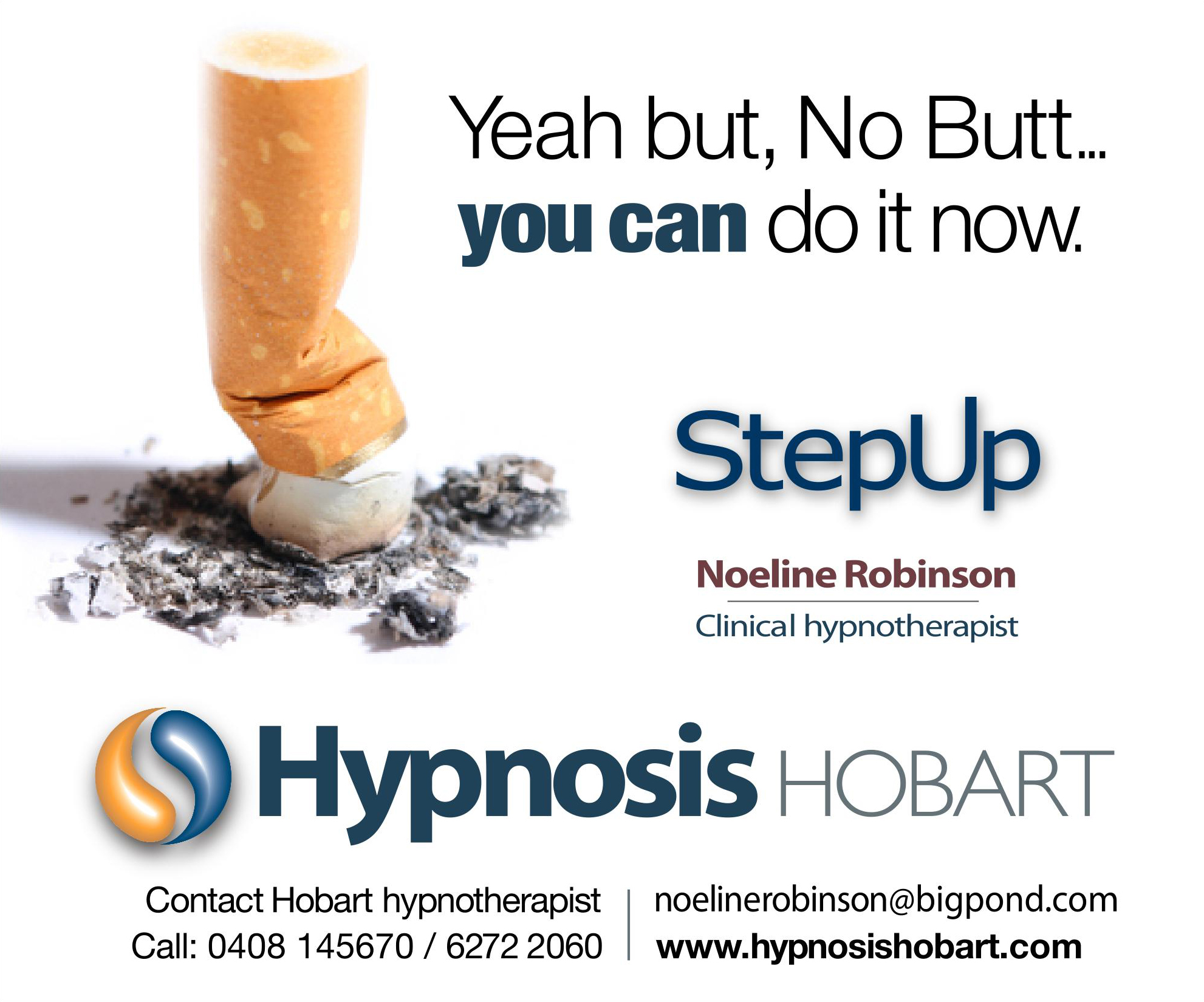 Noeline Robinson Hypnotherapy Facebook ad: Never give up giving up.