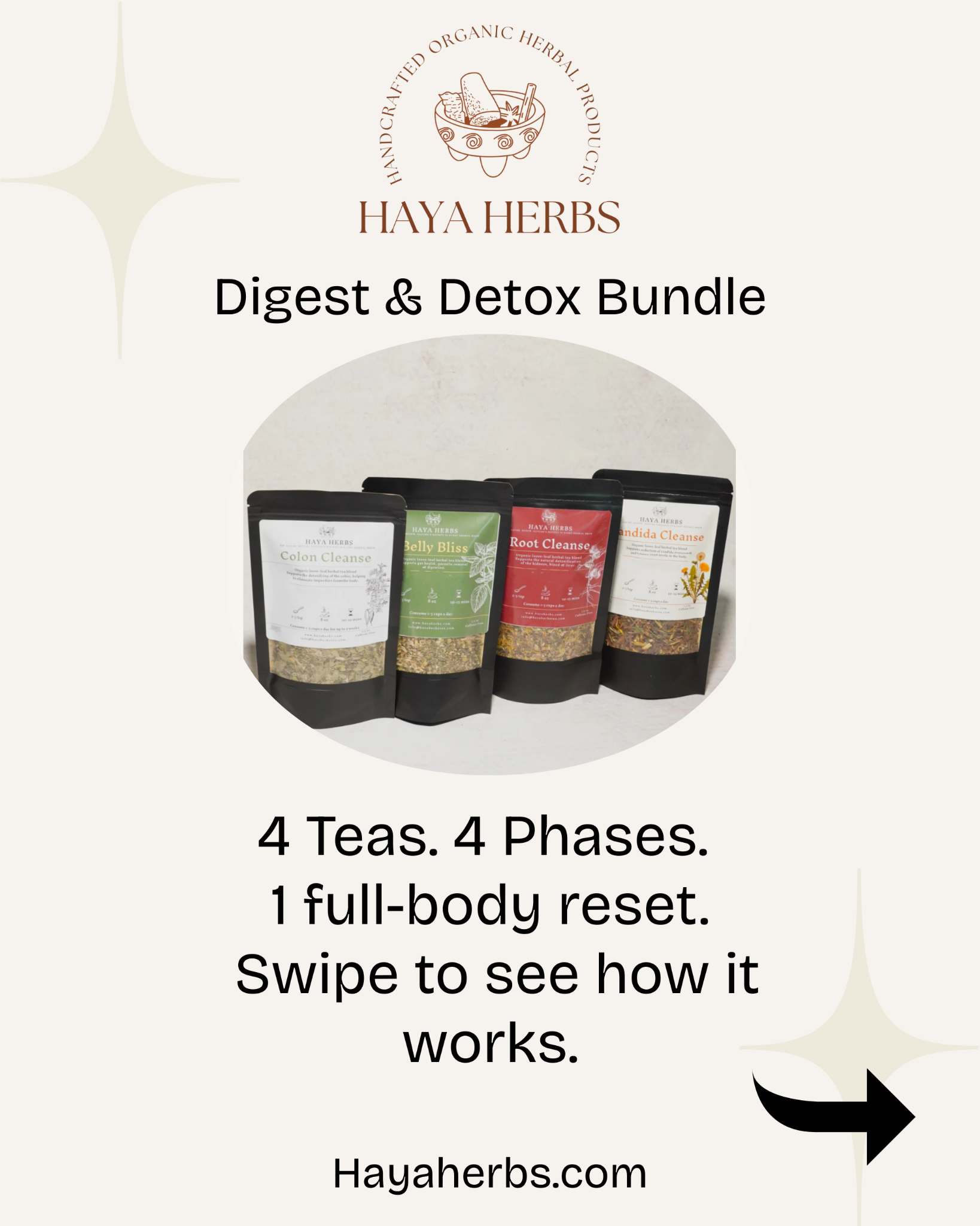 Haya Herbs Facebook ad: Reset your gut, boost digestion, and feel lighter…