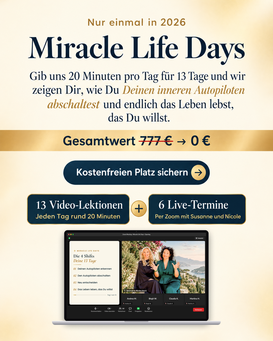Susanne & Nicole Facebook ad: Kostenfreier Online-Kurs zum Leben, das Du wirklich willst