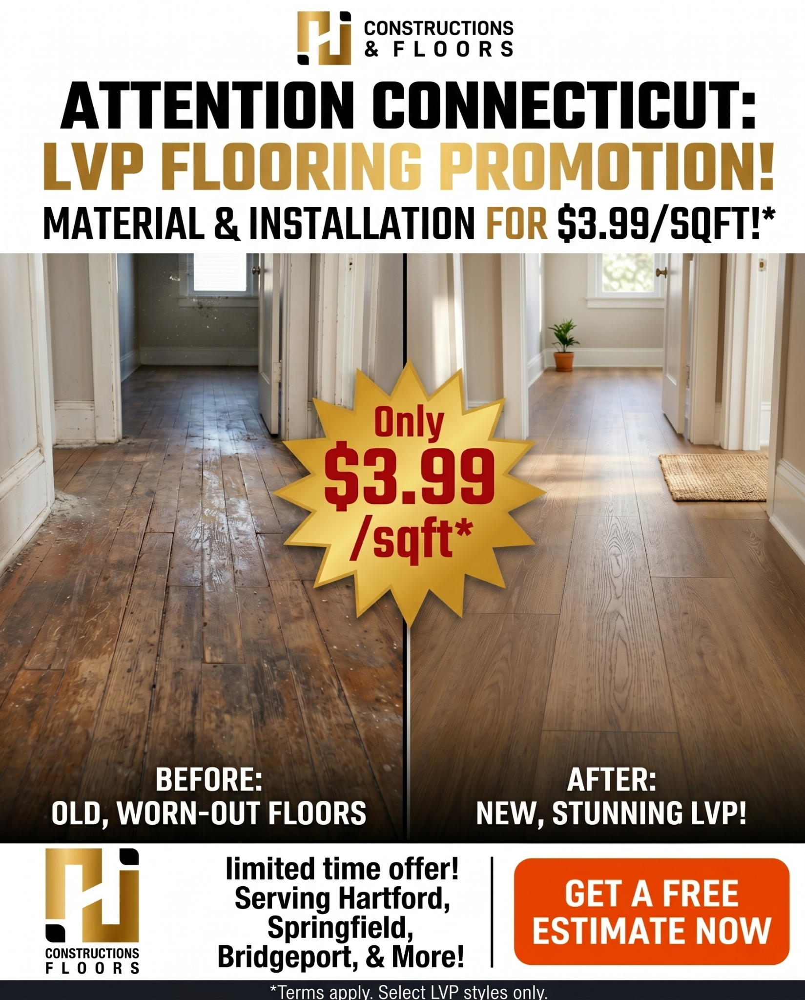 JJ Construction & Hardwood Floors Facebook ad: Material & Install: LVP Flooring for $3.99/sqft!