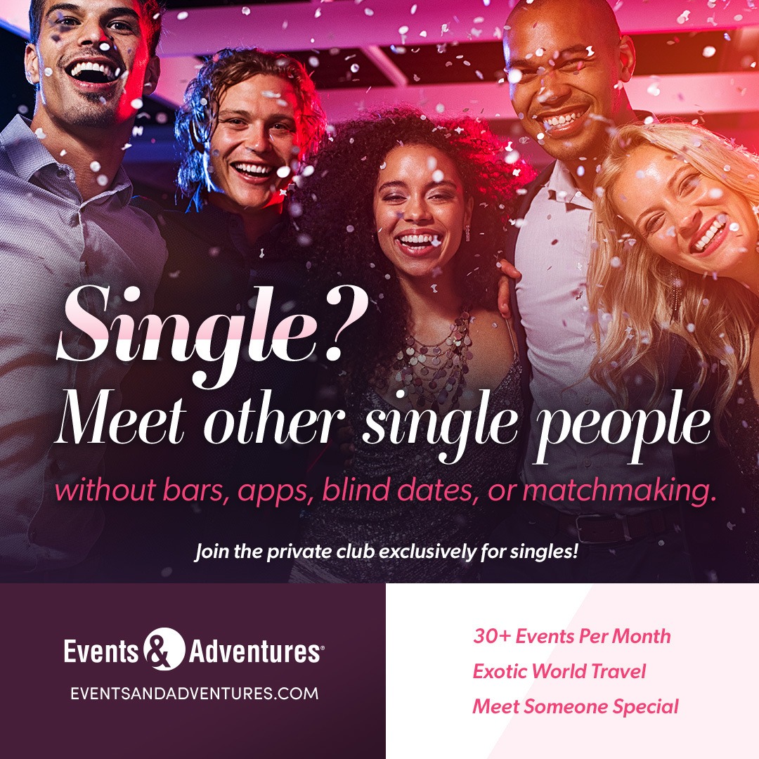Events & Adventures Facebook ad: Join the Club for Adventure, Fun, & Romance.
