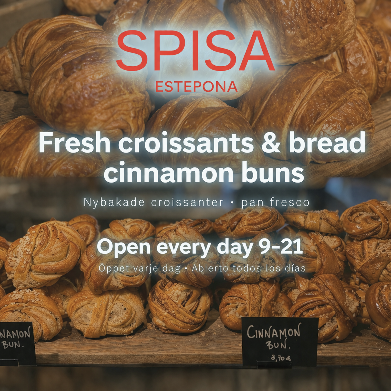 Spisa Foodmarket Facebook ad: Pause for Fresh Croissants & Cinnamon Buns at Spisa…
