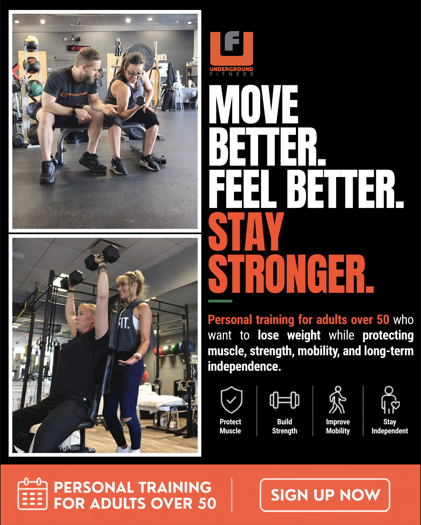 Underground Fitness North Central Phoenix Facebook ad: 50+? Build Strength for the Years Ahead.