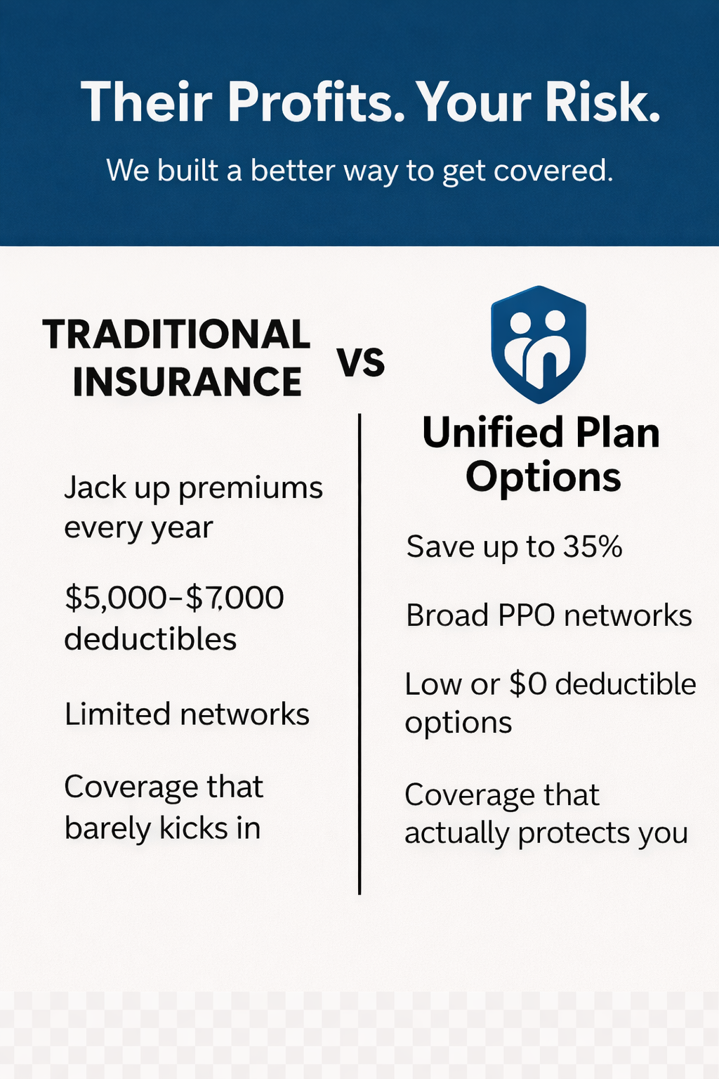 Unified Plan Options Facebook ad: Lower-Cost Coverage Without High Out-of-Pocket Risk