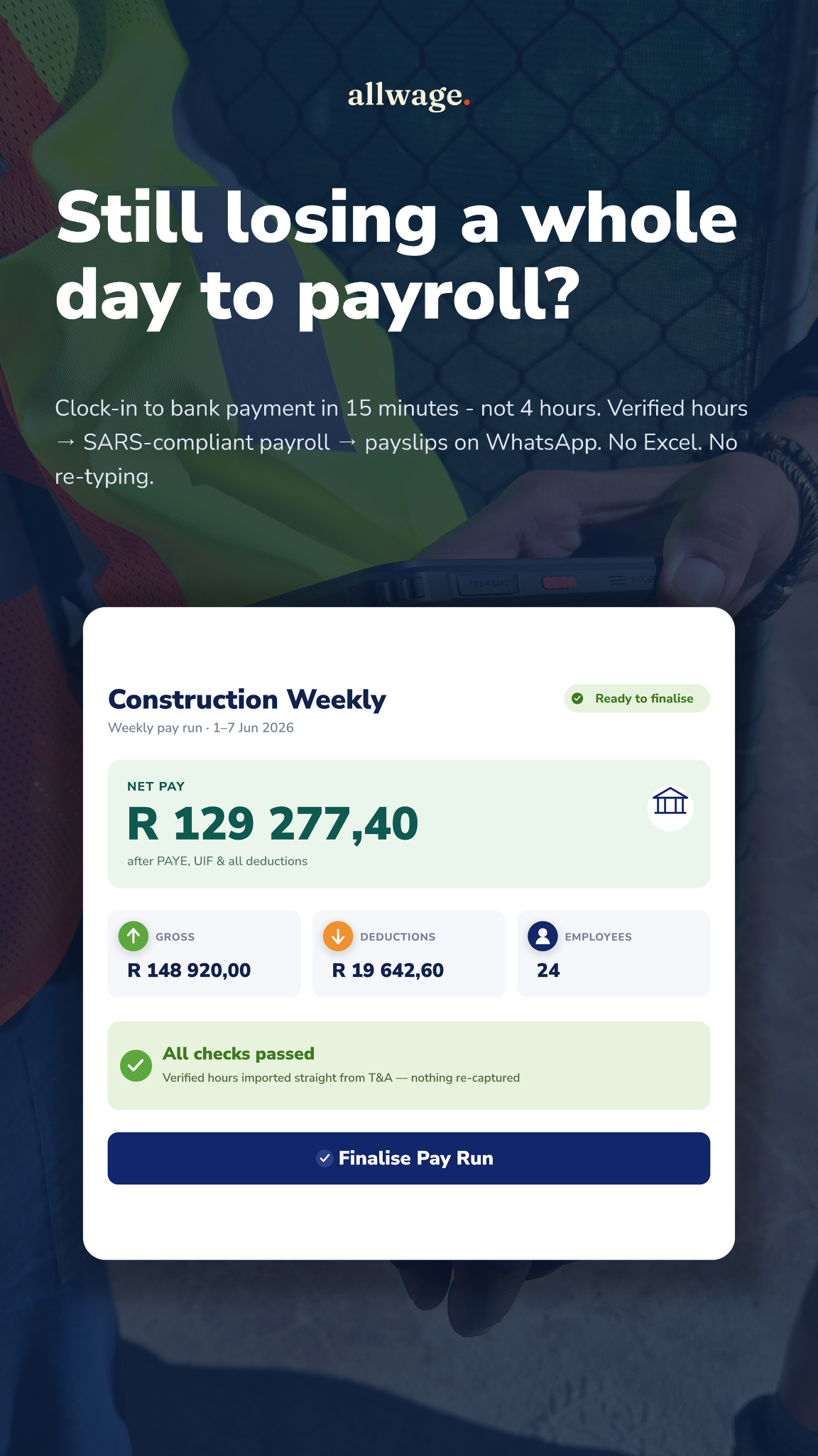 AllWage (Agrigistics) Facebook ad: Every hour verified. No arguments.