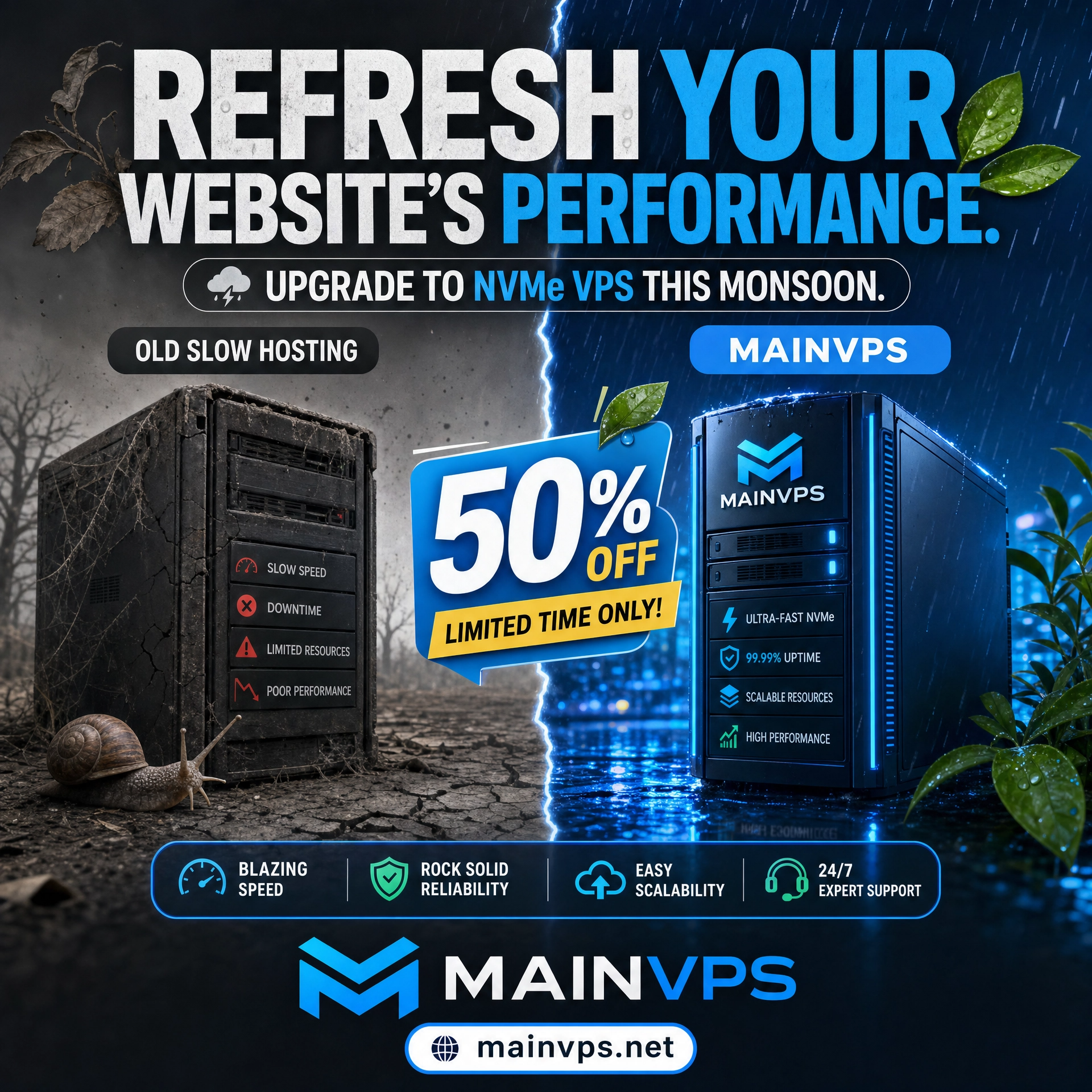 MAINVPS Facebook ad: Refresh Your Website's Performance This Monsoon.
