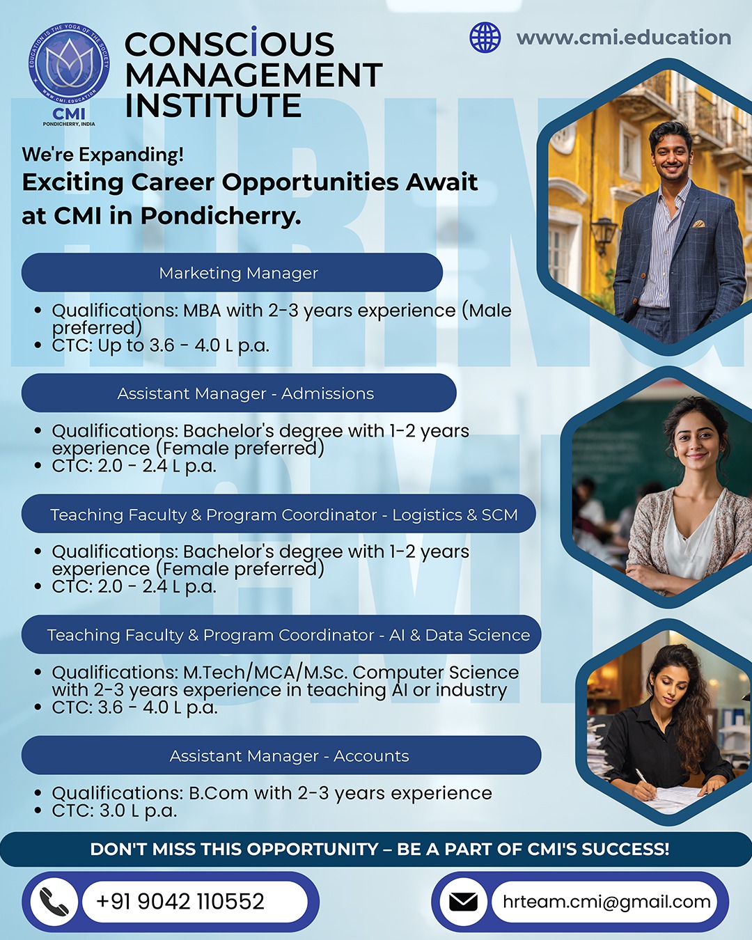 CMI Pondicherry - Conscious Management Institute Facebook ad: Join our dynamic team and make an impact!