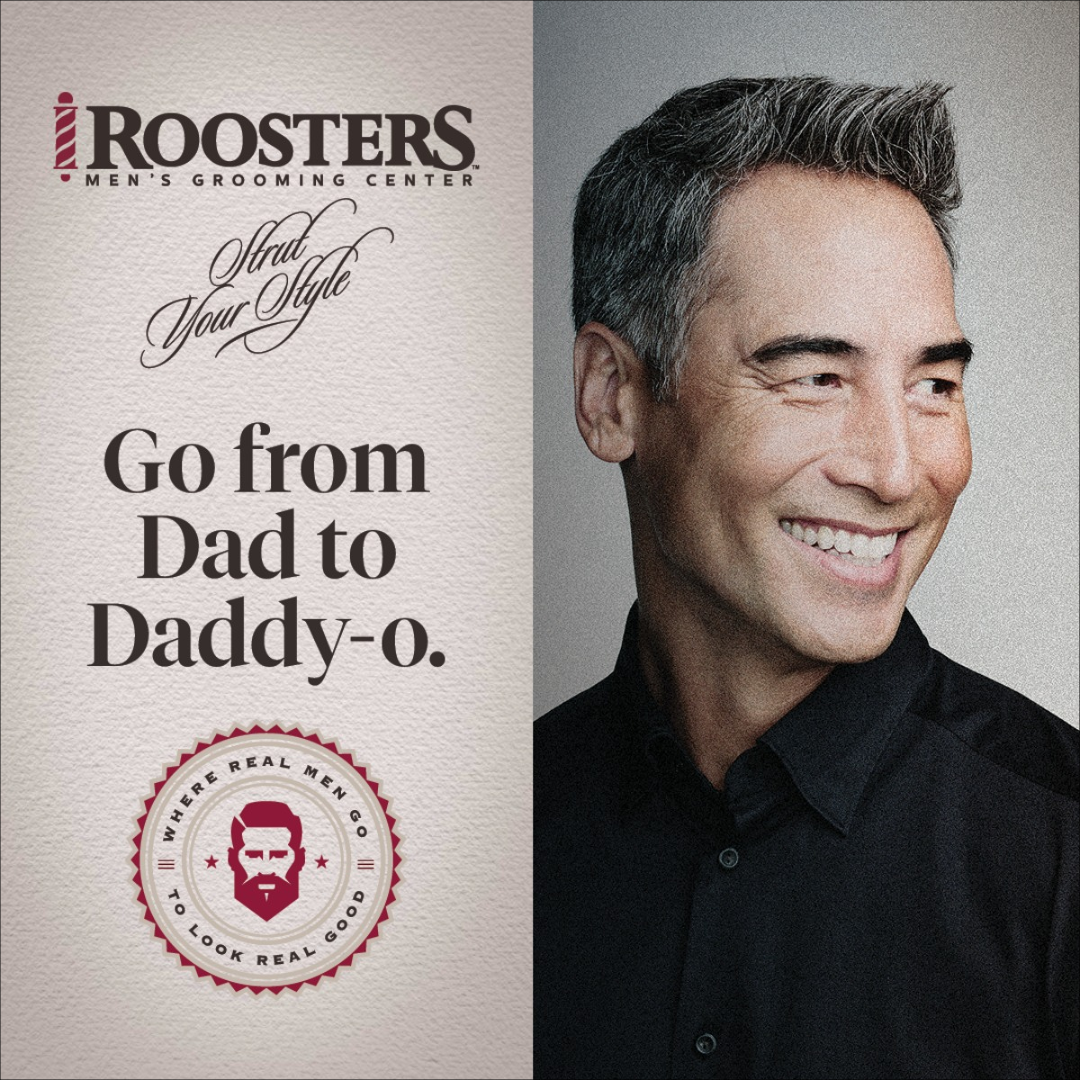Roosters Men's Grooming Center Facebook ad: Look razor sharp in no-time flat.