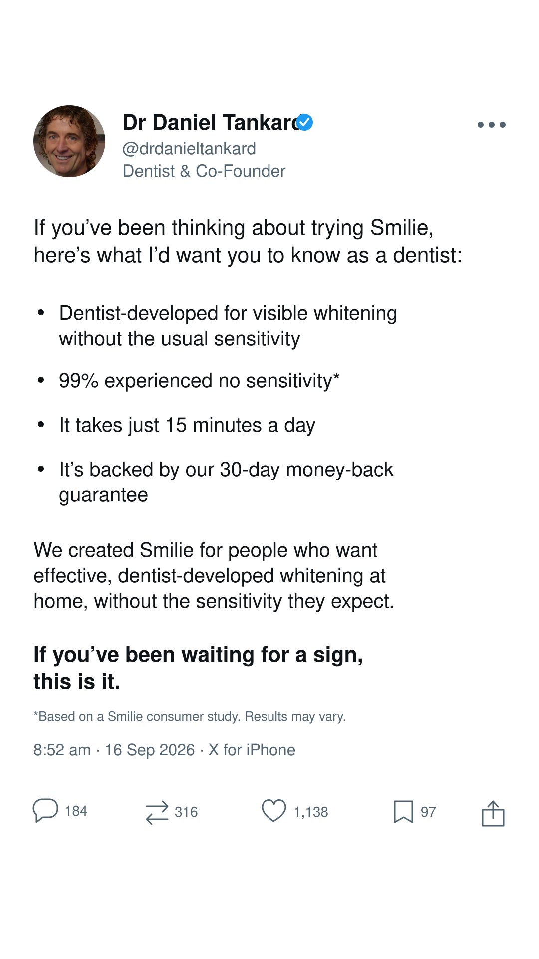 Dr. Daniel Tankard Facebook ad: Dentist-developed & approved