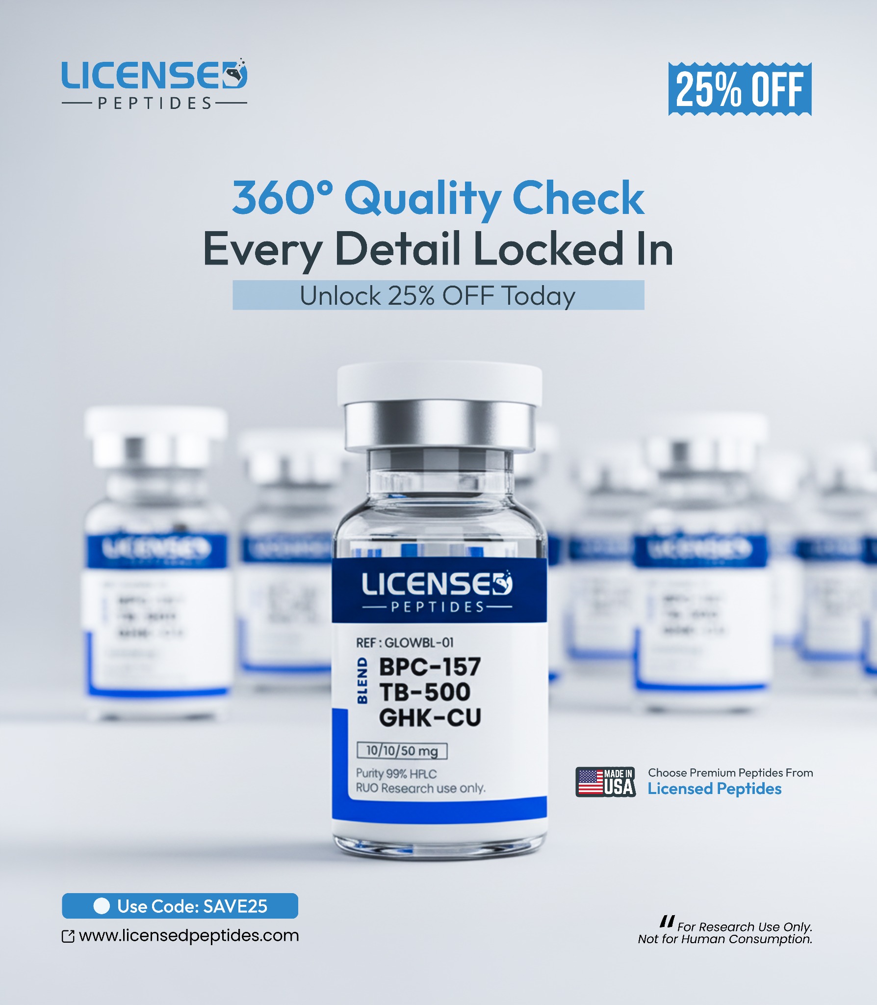 LicensedPeptides.com Facebook ad: Take 25% Off Today