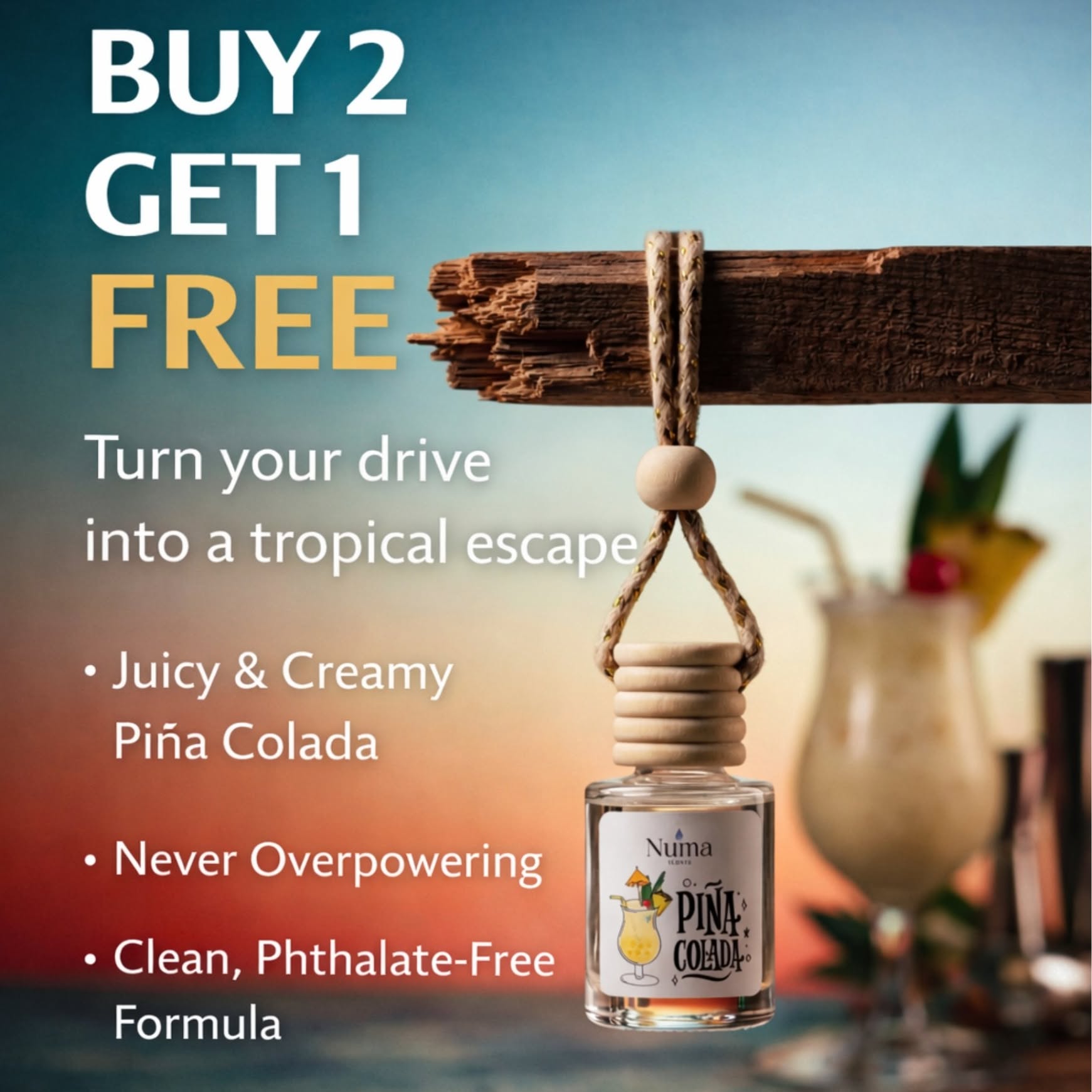Numascents Facebook ad: Tropical Vacation. No Packing Required.