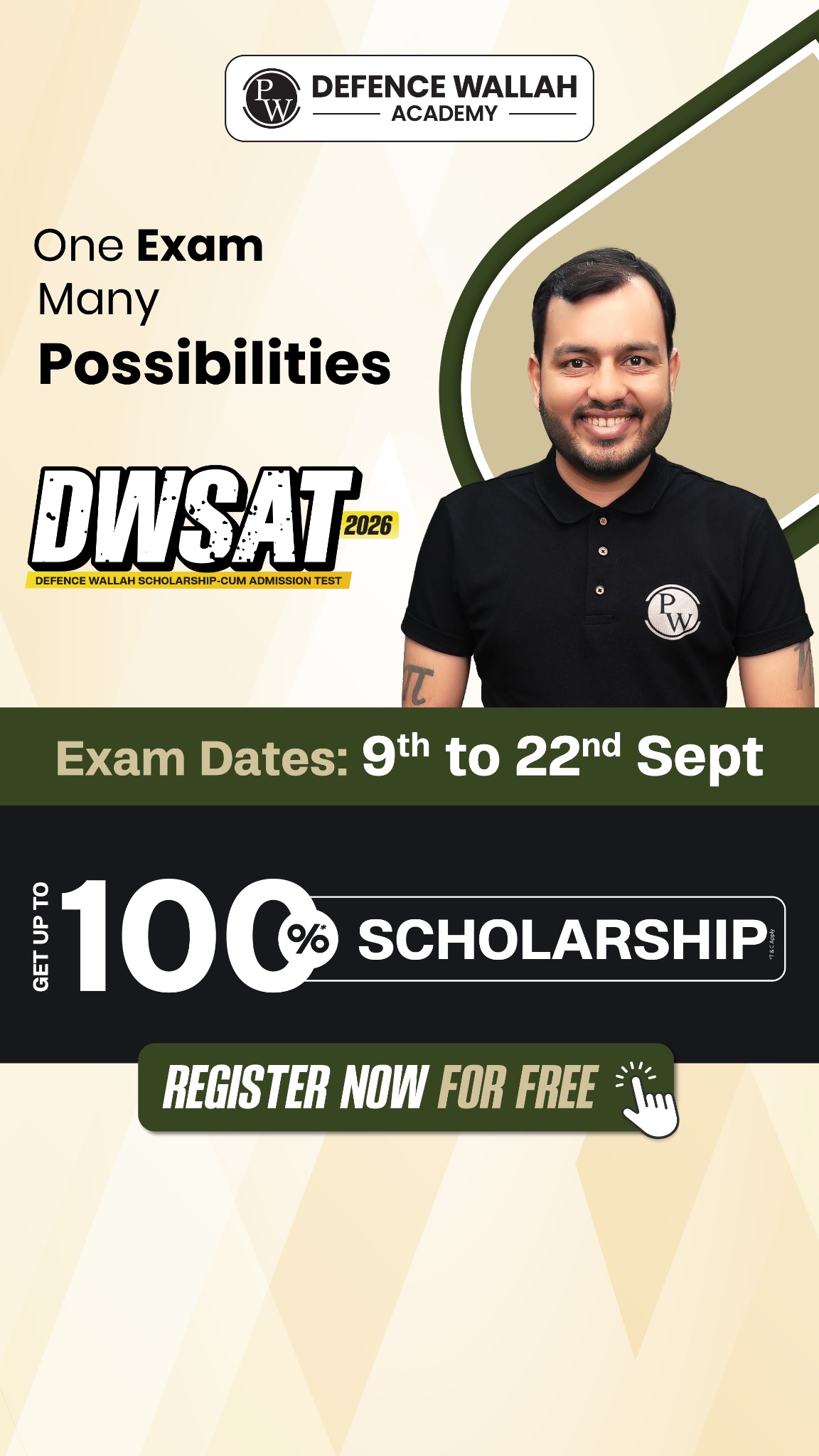PW Defence Wallah- Physics Wallah Facebook ad: Get Up To 100% Scholarship, DWSAT 2026
