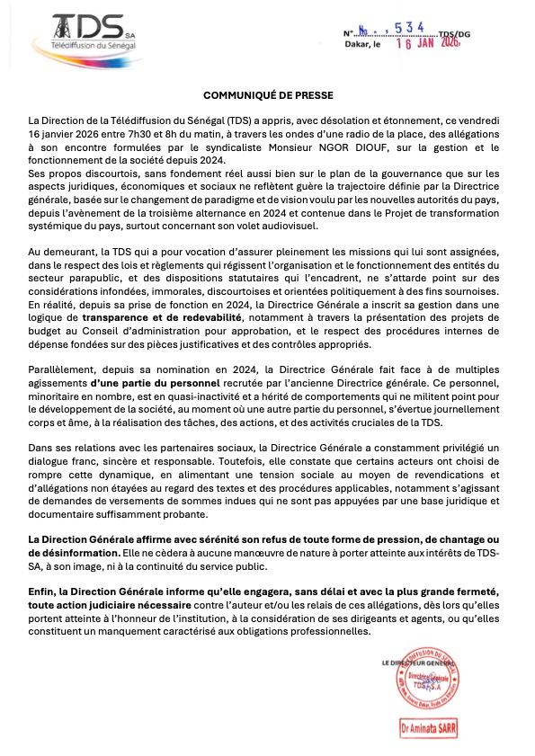 Télédiffusion du Sénégal - TDS sa Facebook ad: COMMUNIQUÉ DE PRESSE