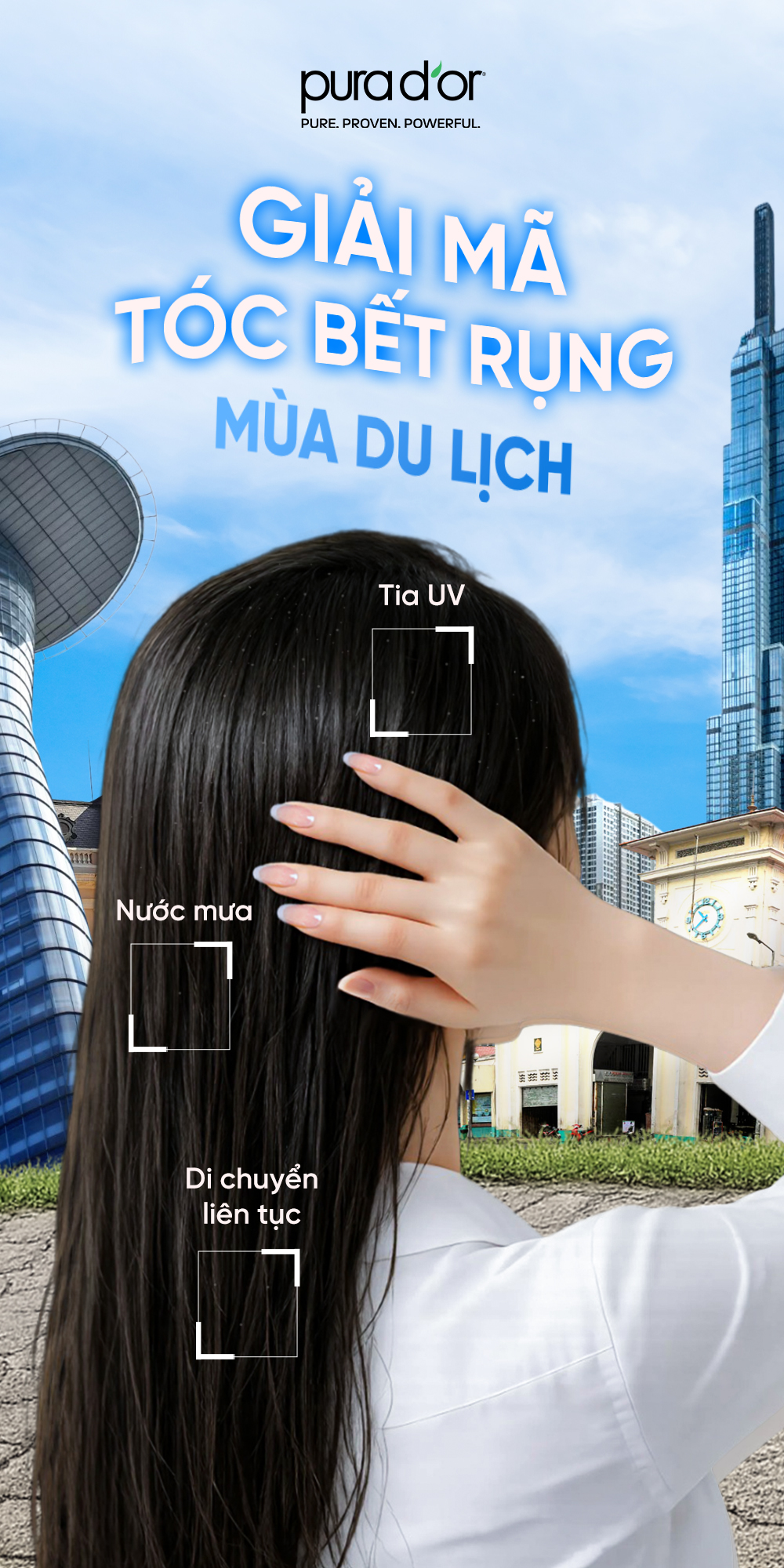PURA D'OR Vietnam Facebook ad: GIẢI MÃ TÓC BẾT RỤNG DỊP DU LỊCH