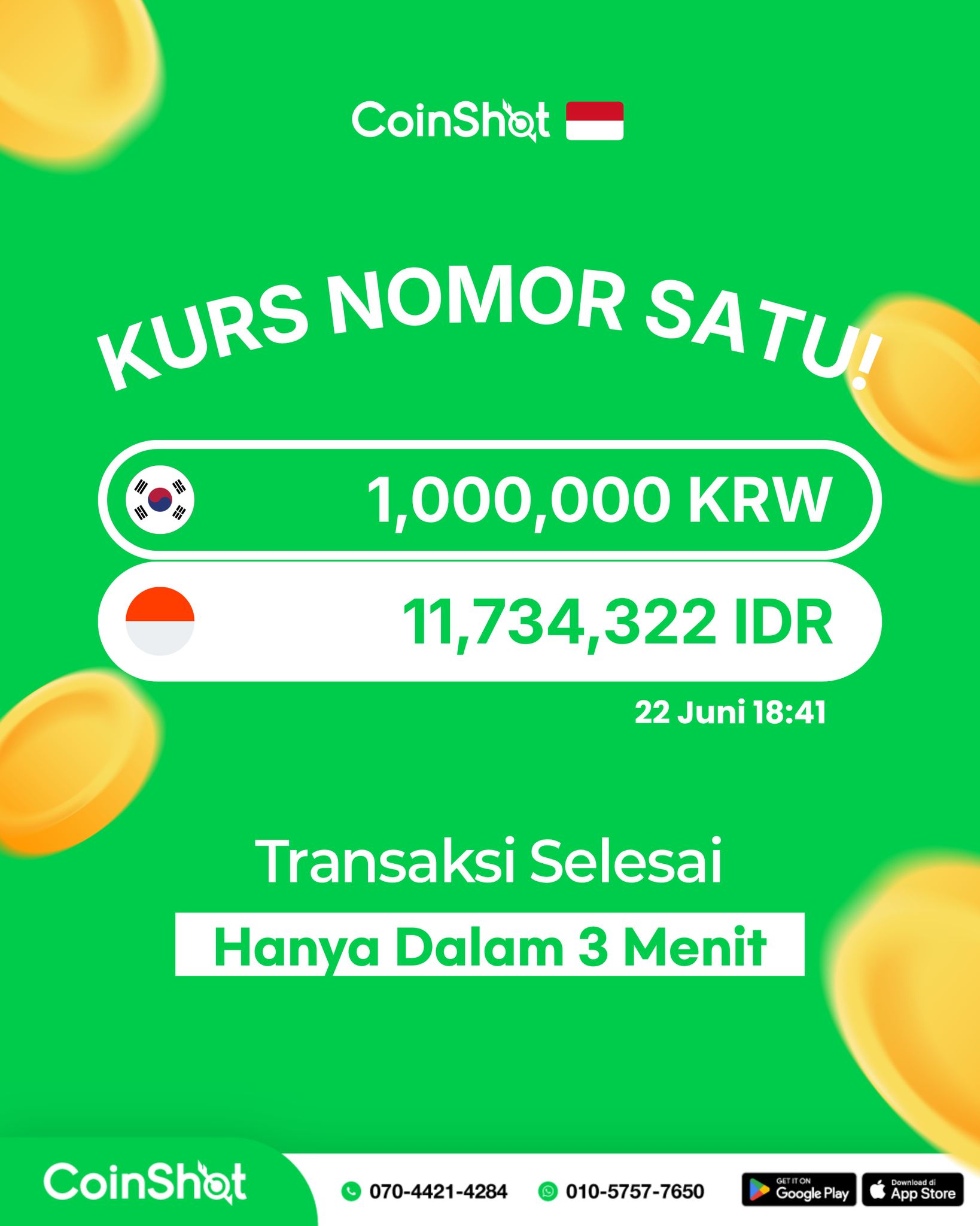 CoinShot Indonesia - Kirim Uang Korea → Indonesia Facebook ad: Kurs Tertinggi Nomor 1, Hanya di CoinShot