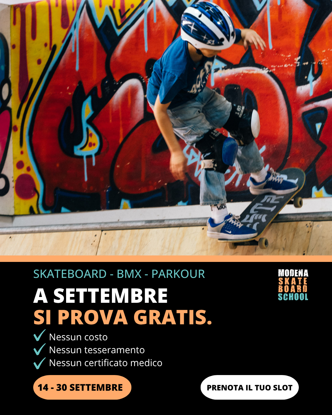 Modena Skateboard School Facebook ad: A settembre si prova gratis