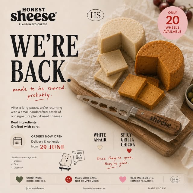 Honest Sheese Vegan Cheese Course Facebook ad: Dishonestly delicious. Small-batch Plant-based cheese.