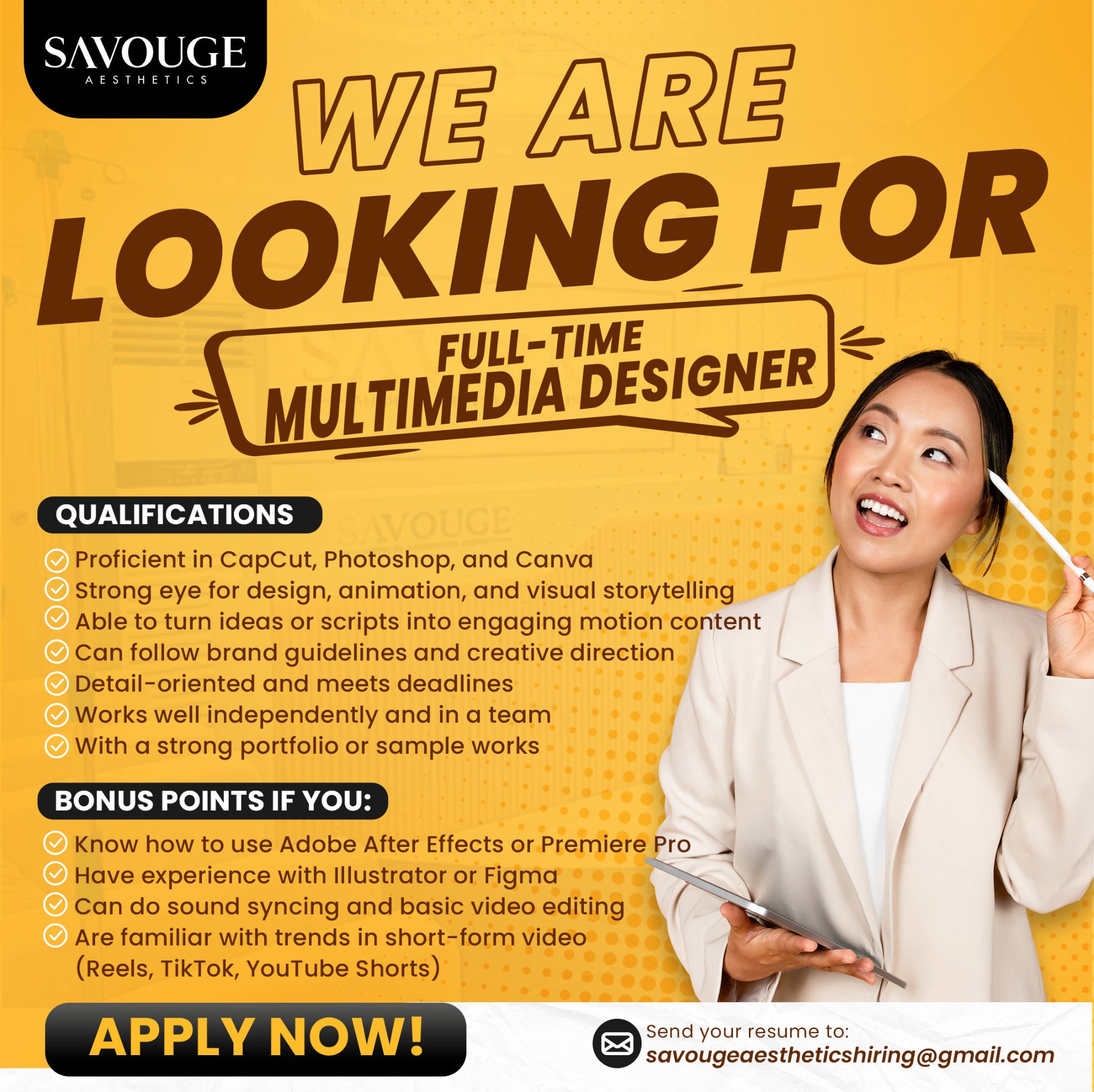 Opportunities by Savouge Aesthetics Facebook ad: URGENT HIRING, MULTIMEDIA ARTIST